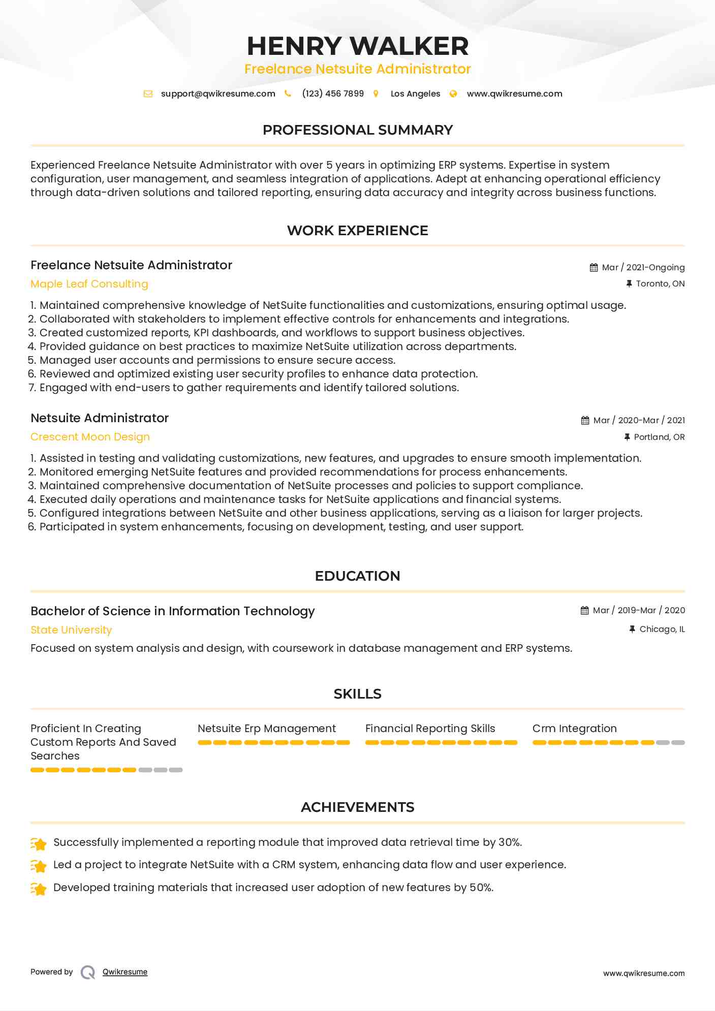 Freelance Netsuite Administrator Resume Model