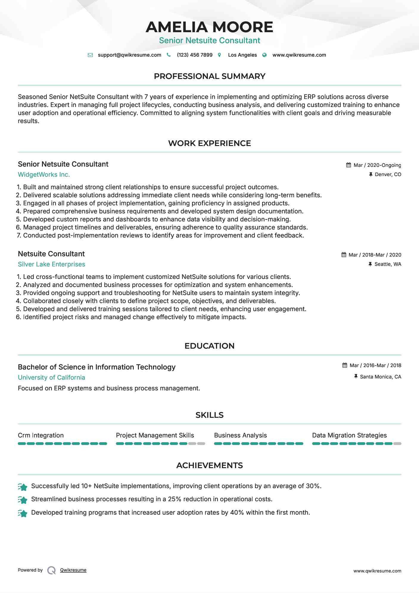 Senior Netsuite Consultant Resume Example