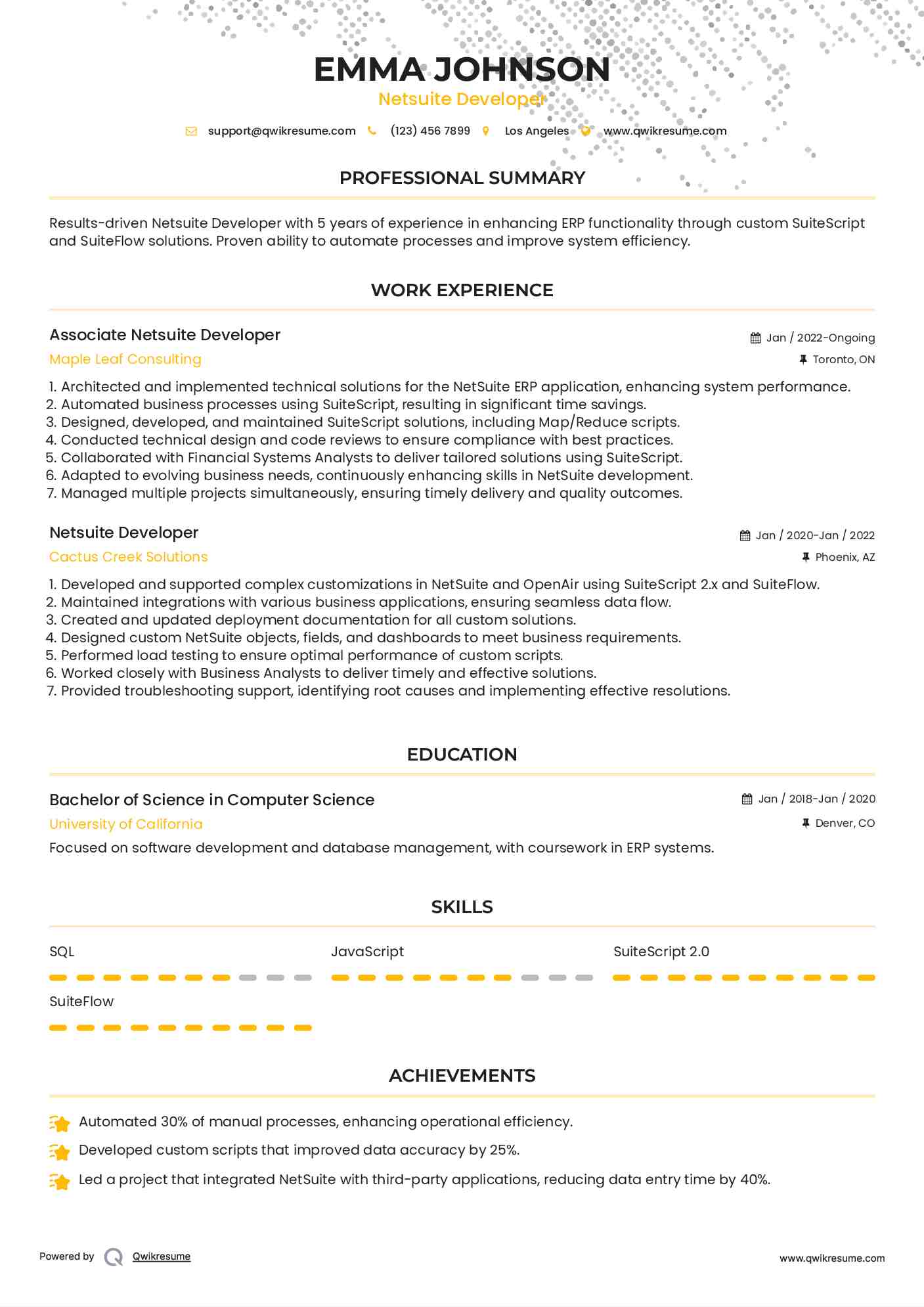 Associate Netsuite Developer Resume Sample