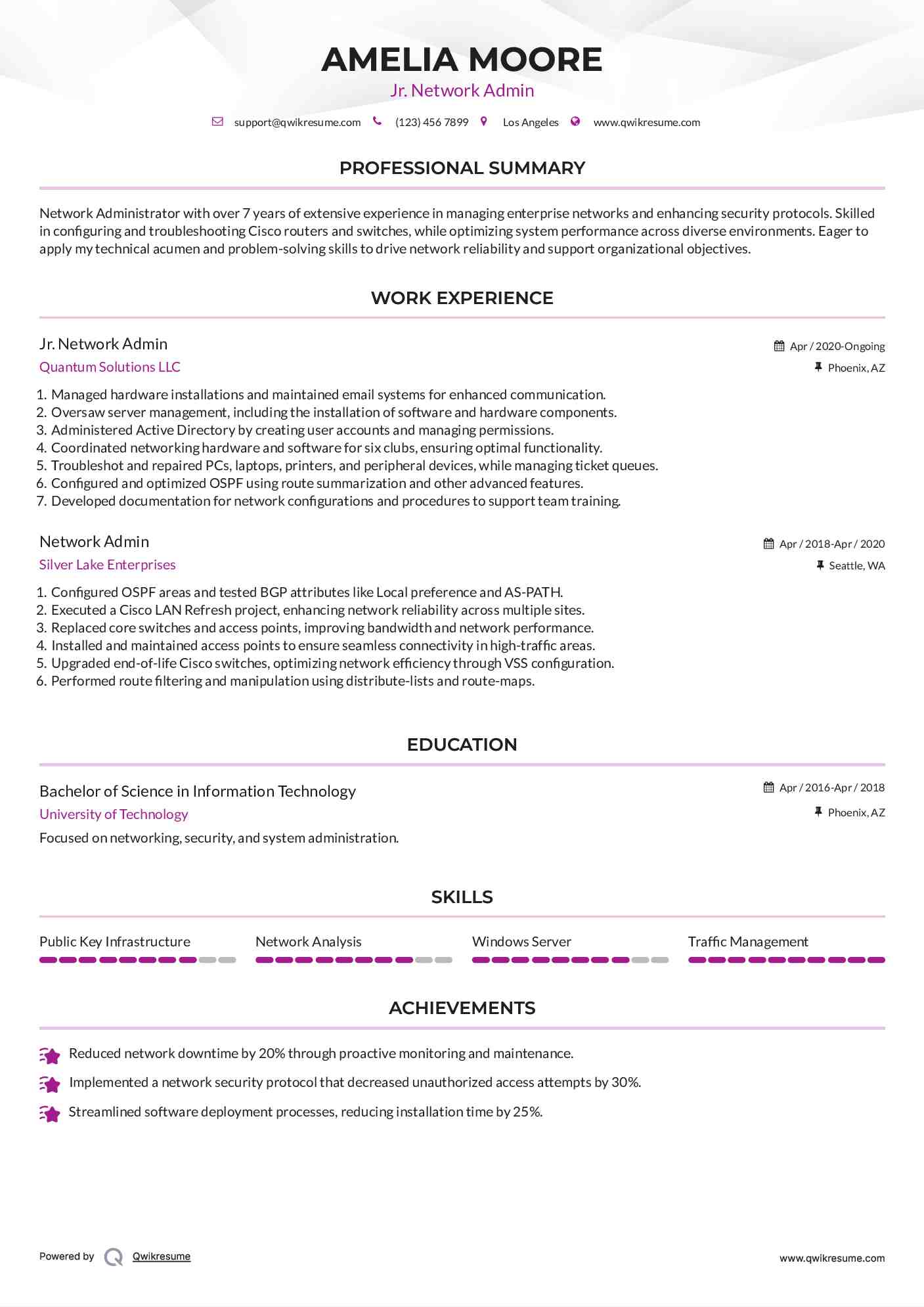 Jr. Network Admin Resume Format