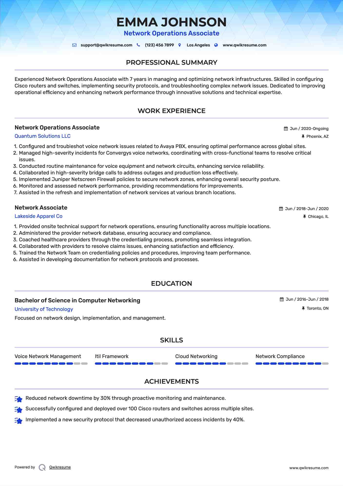 Network Operations Associate Resume Template