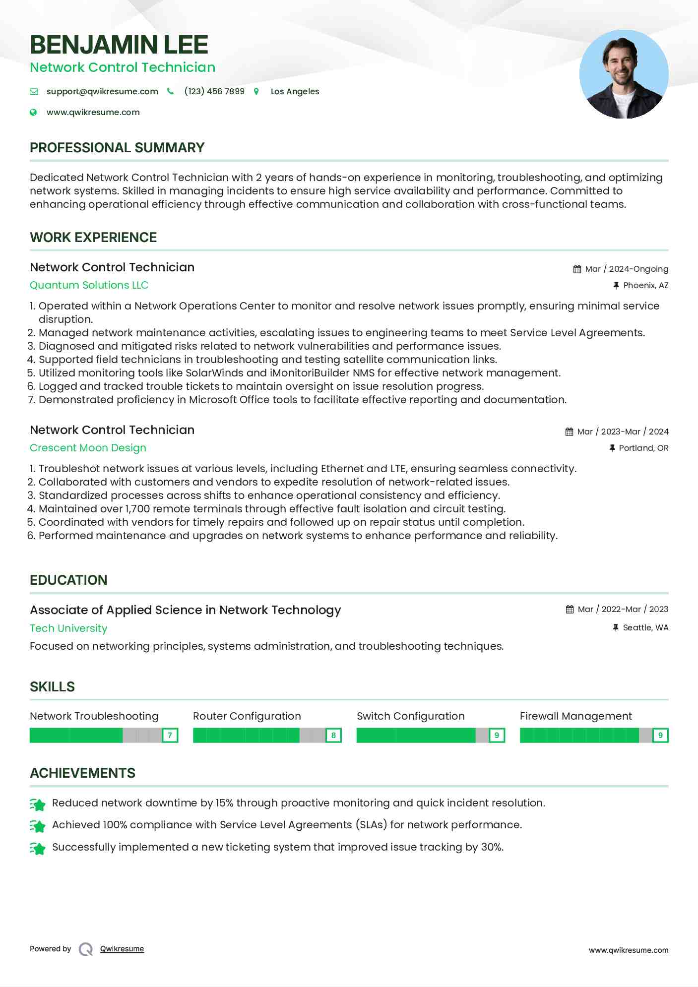 Network Control Technician Resume Samples QwikResume