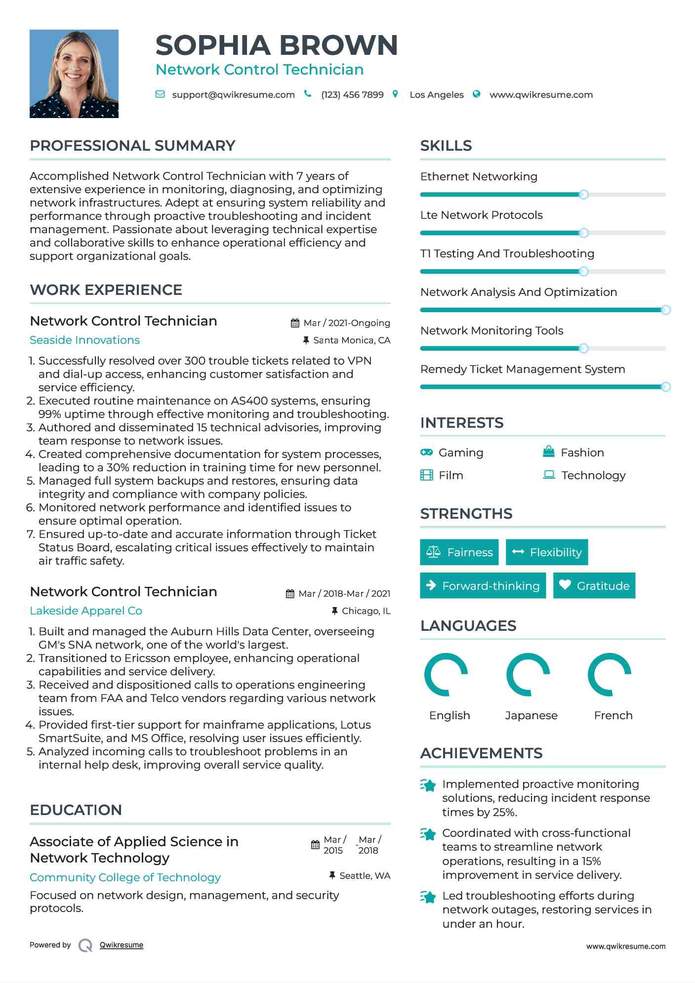 Network Control Technician Resume Samples QwikResume