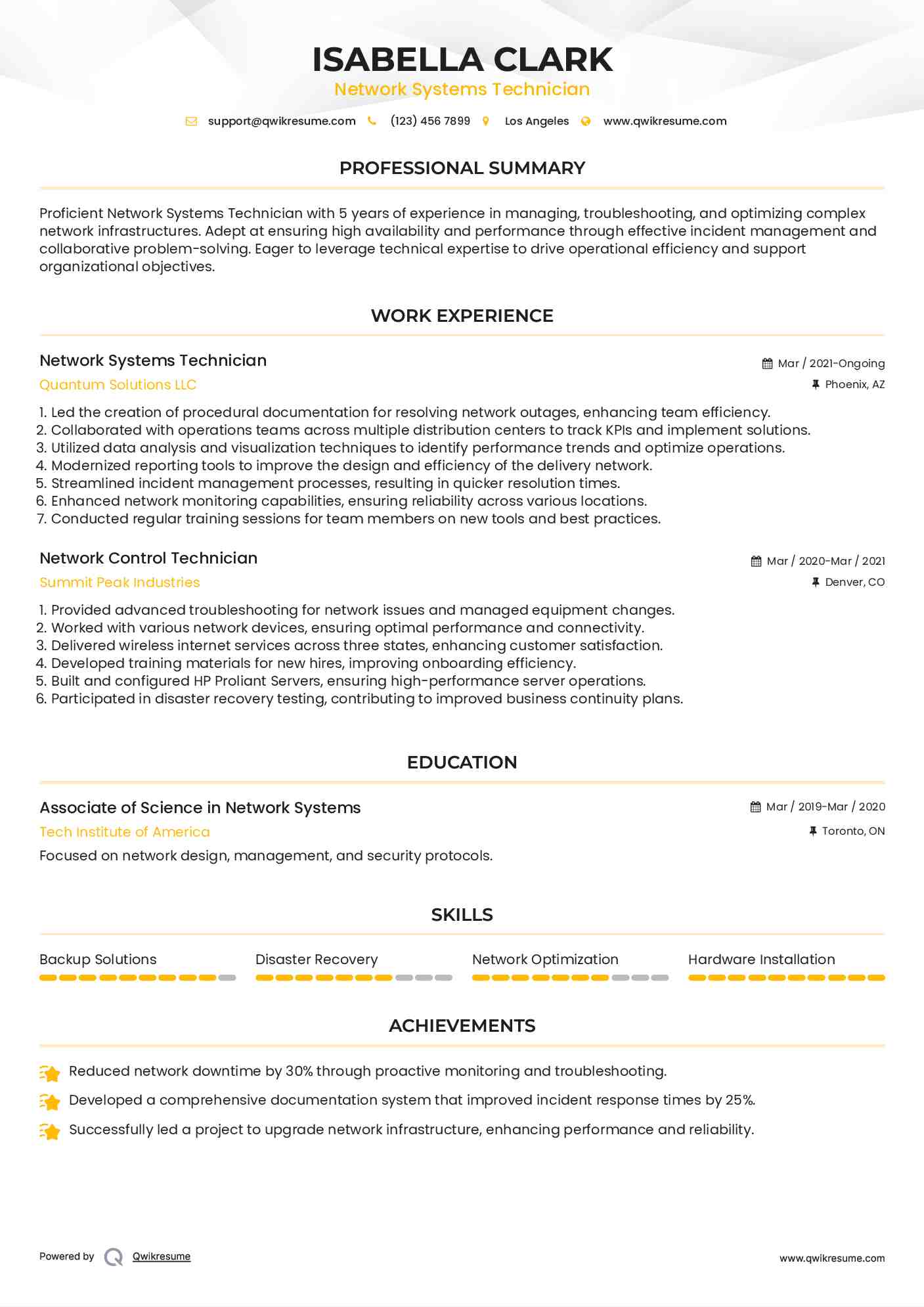Network Control Technician Resume Samples QwikResume