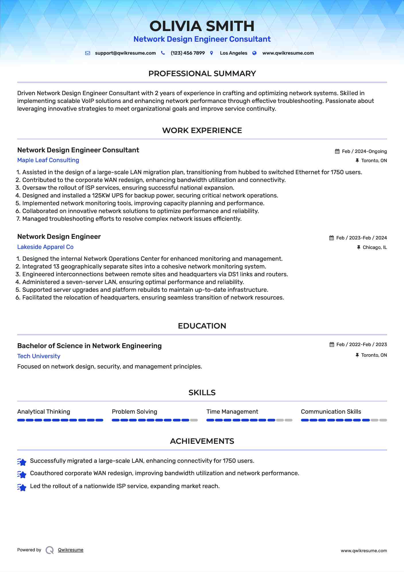 Network Design Engineer Consultant Resume Model