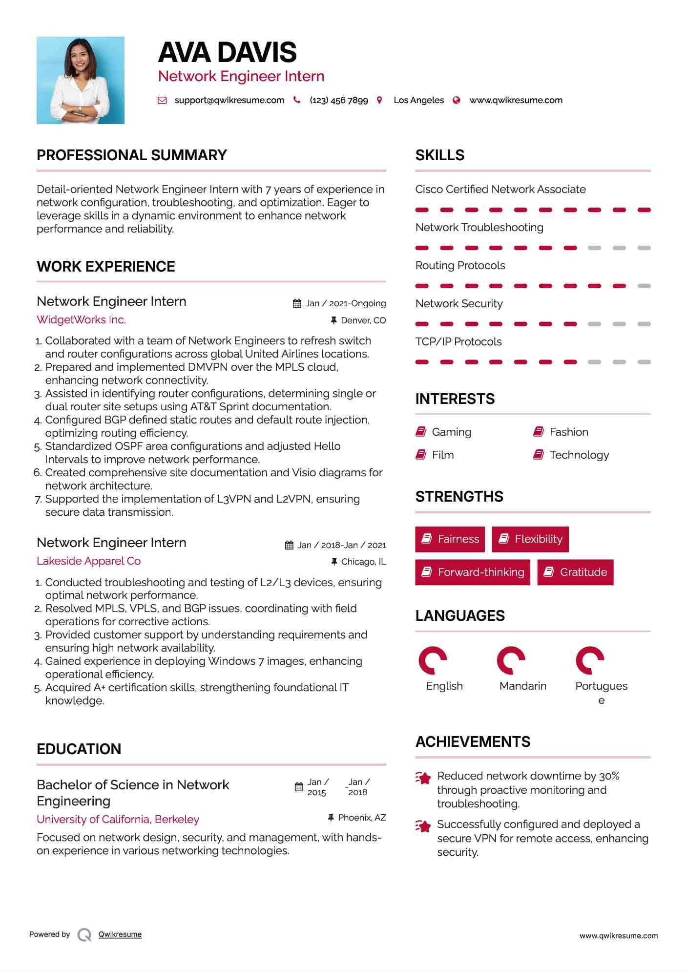 Network Engineer Intern Resume Samples QwikResume