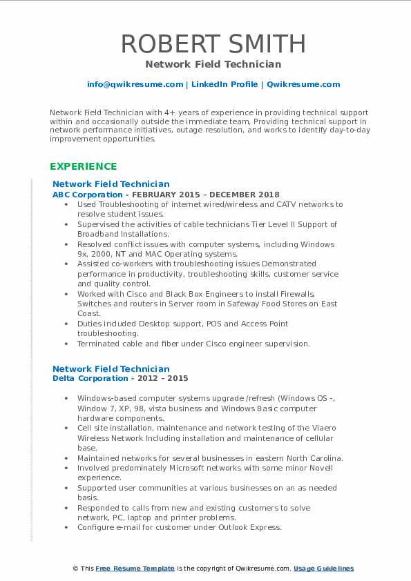 Network Field Technician Resume Samples QwikResume