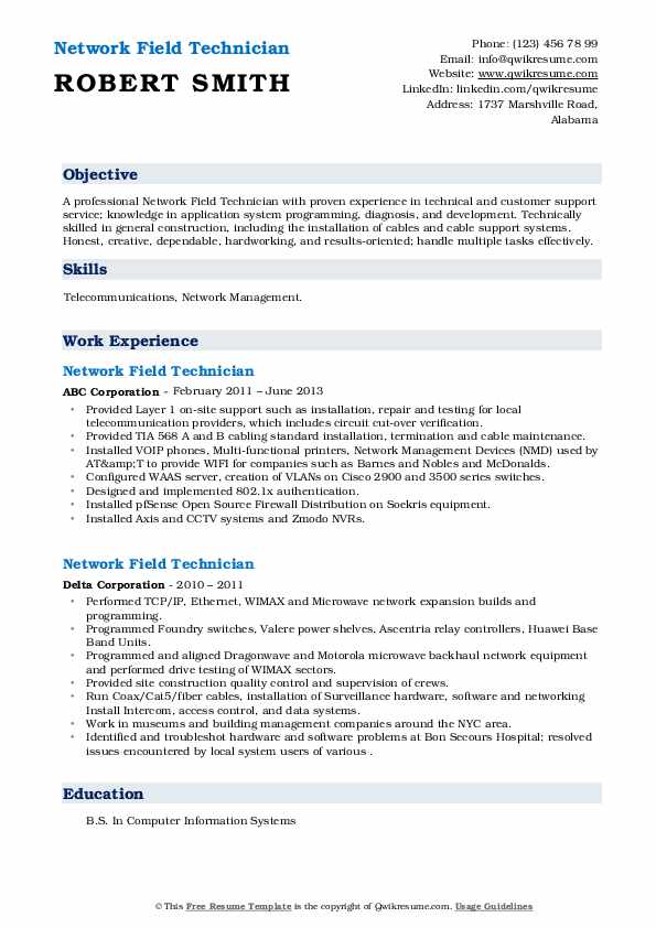 Network Field Technician Resume Samples QwikResume