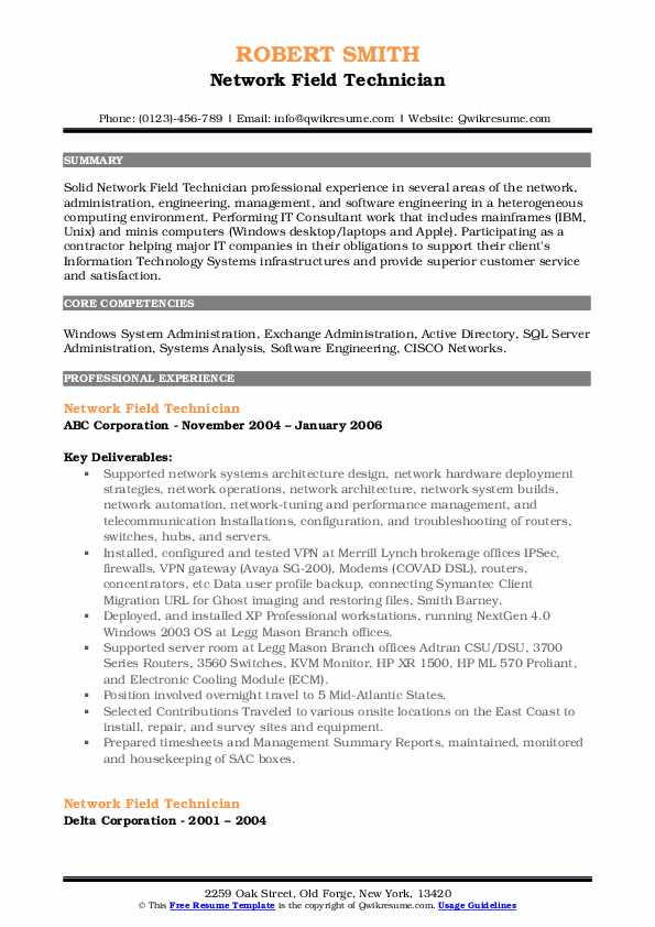 Network Field Technician Resume Samples QwikResume