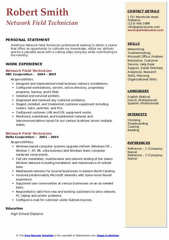 Network Field Technician Resume Samples QwikResume