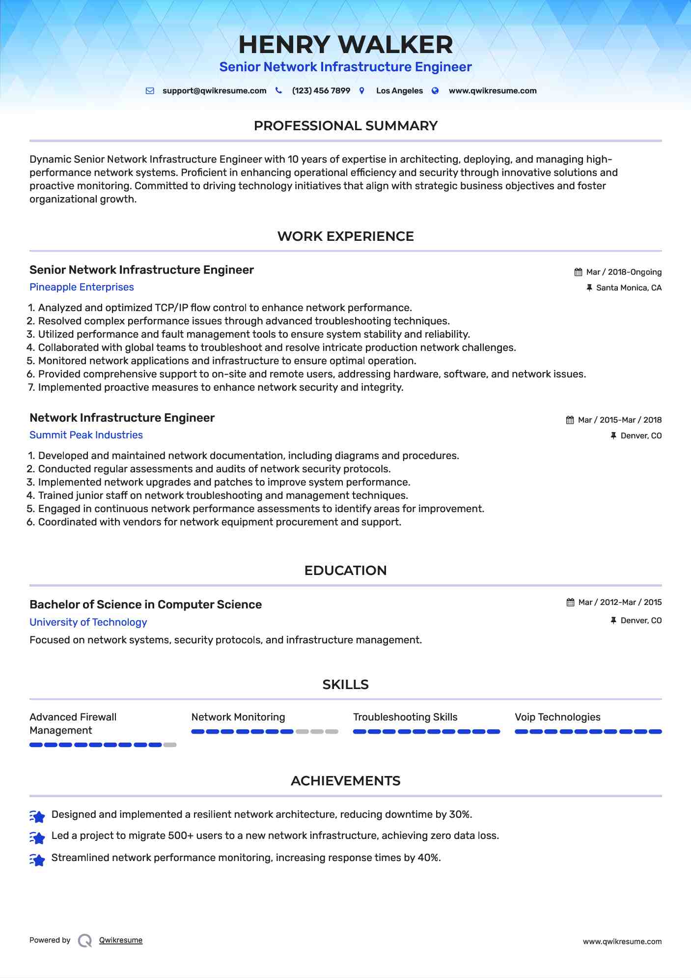 Senior Network Infrastructure Engineer Resume Example
