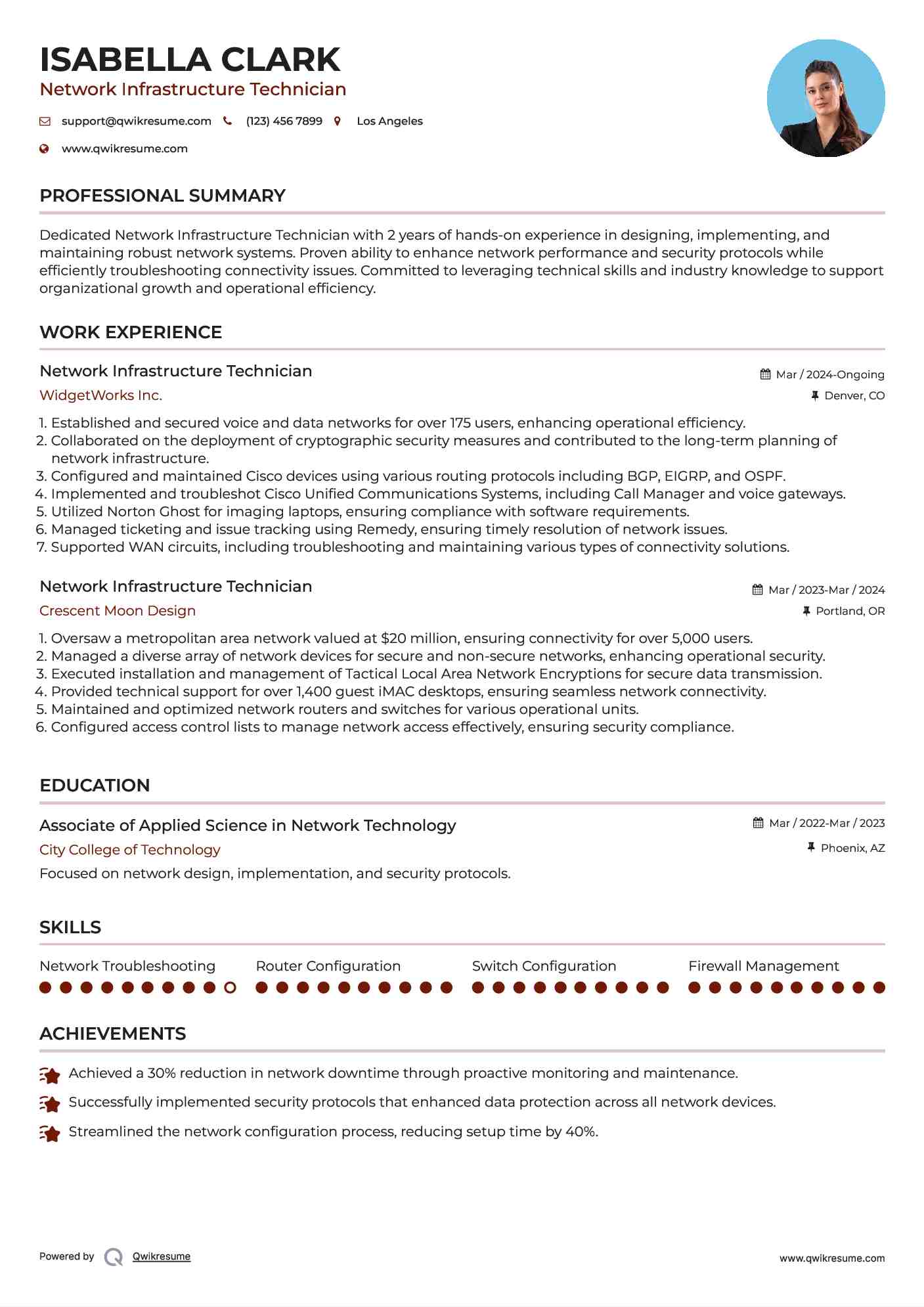 Network Infrastructure Technician Resume Model