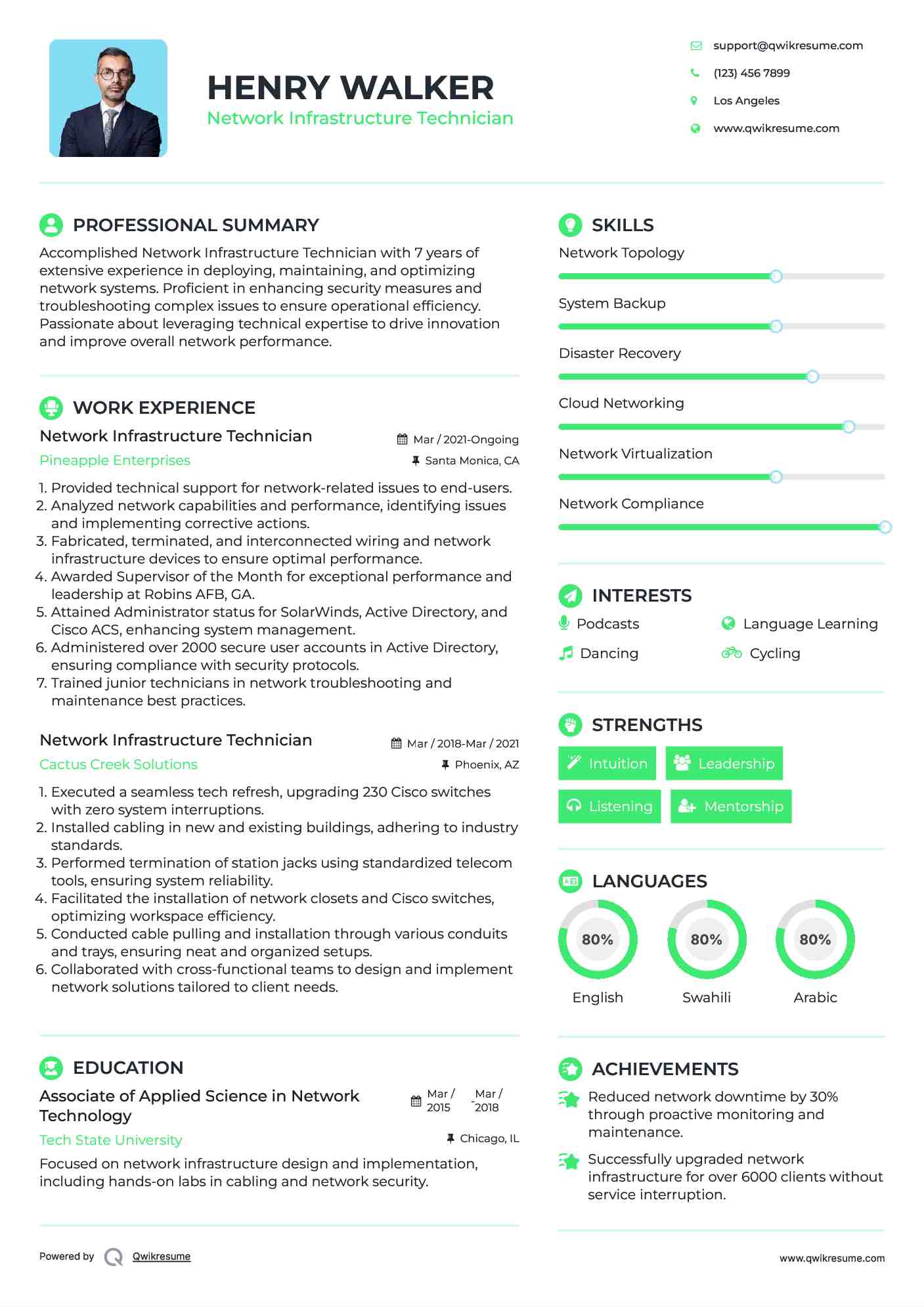 Network Infrastructure Technician Resume Example