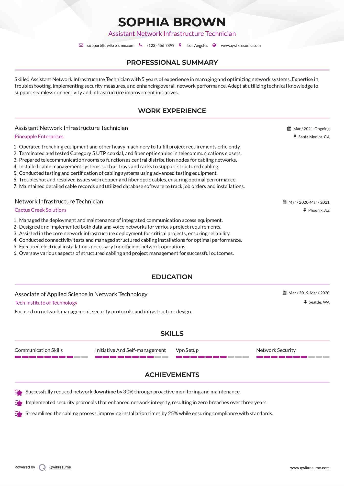 Assistant Network Infrastructure Technician Resume Example