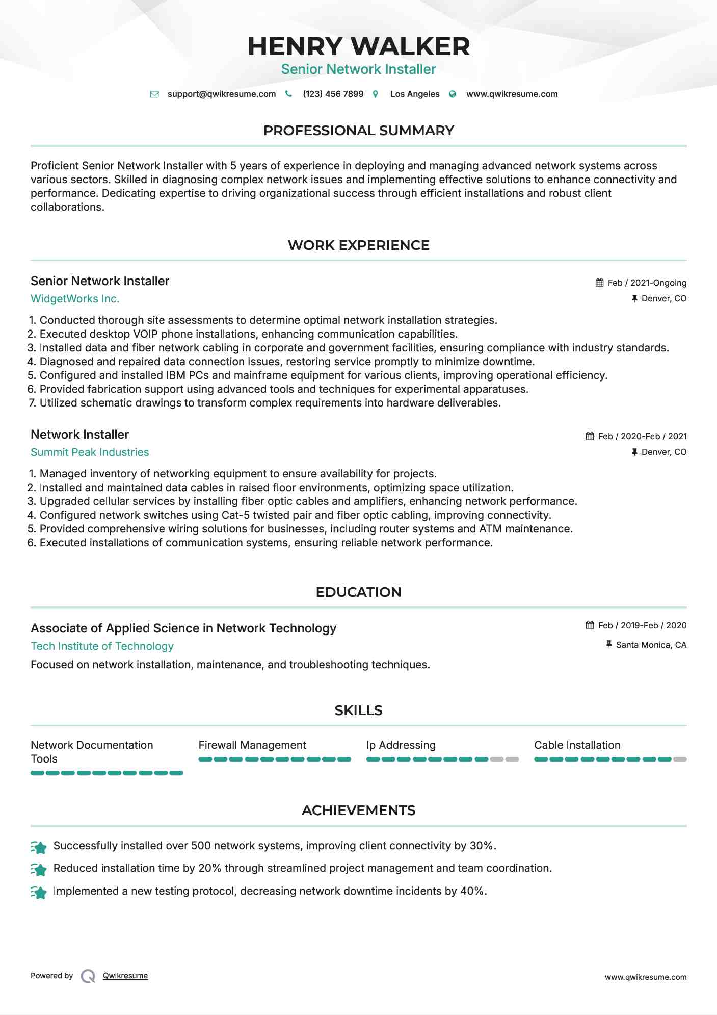 Senior Network Installer Resume Format