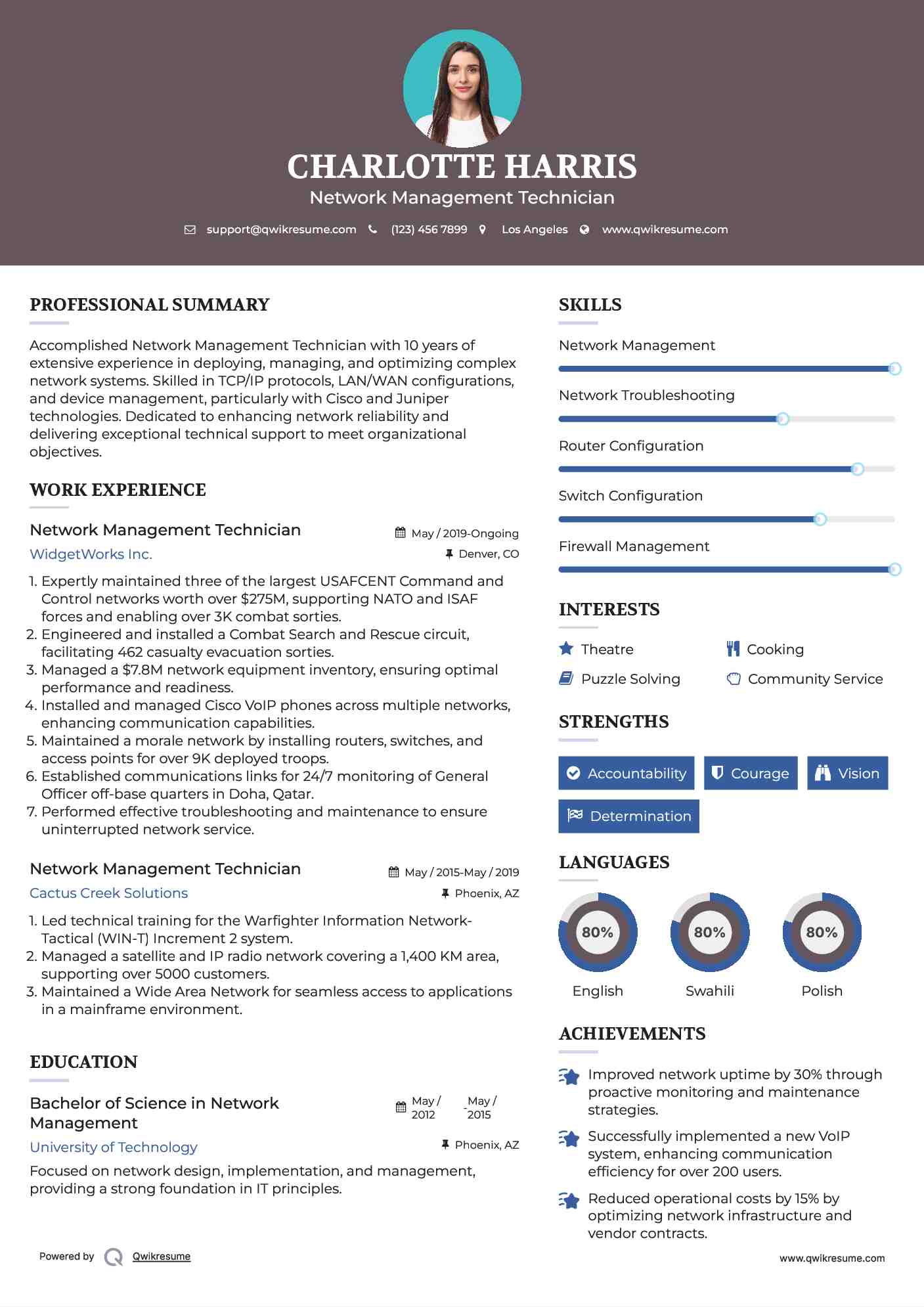 Network Management Technician Resume Example
