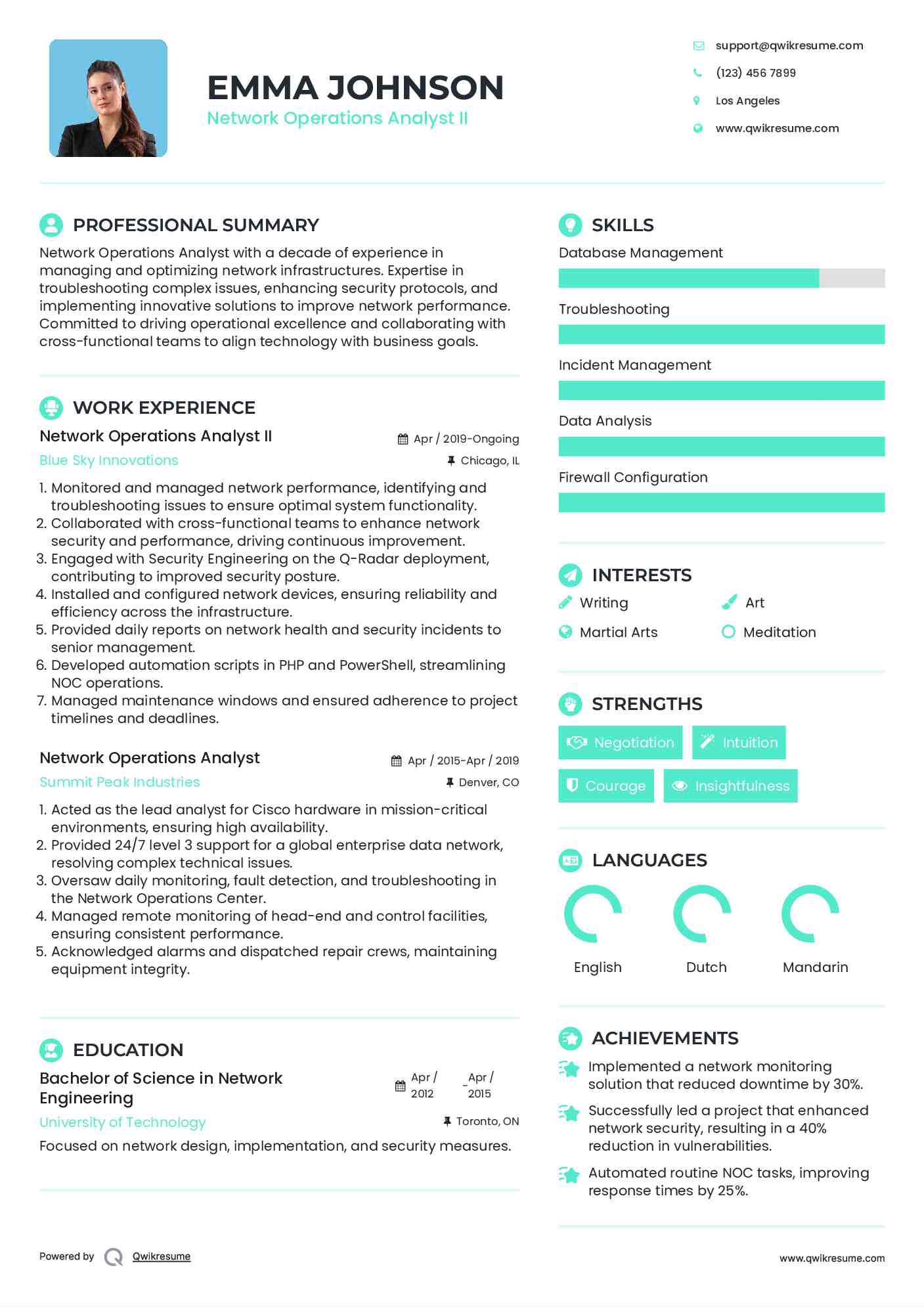 Network Operations Analyst II Resume Sample