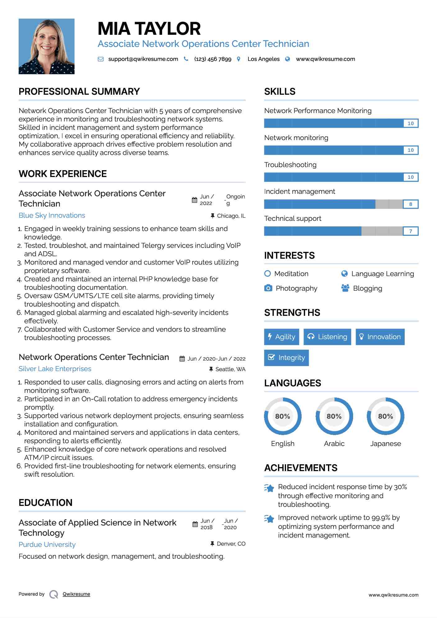 Associate Network Operations Center Technician Resume Model