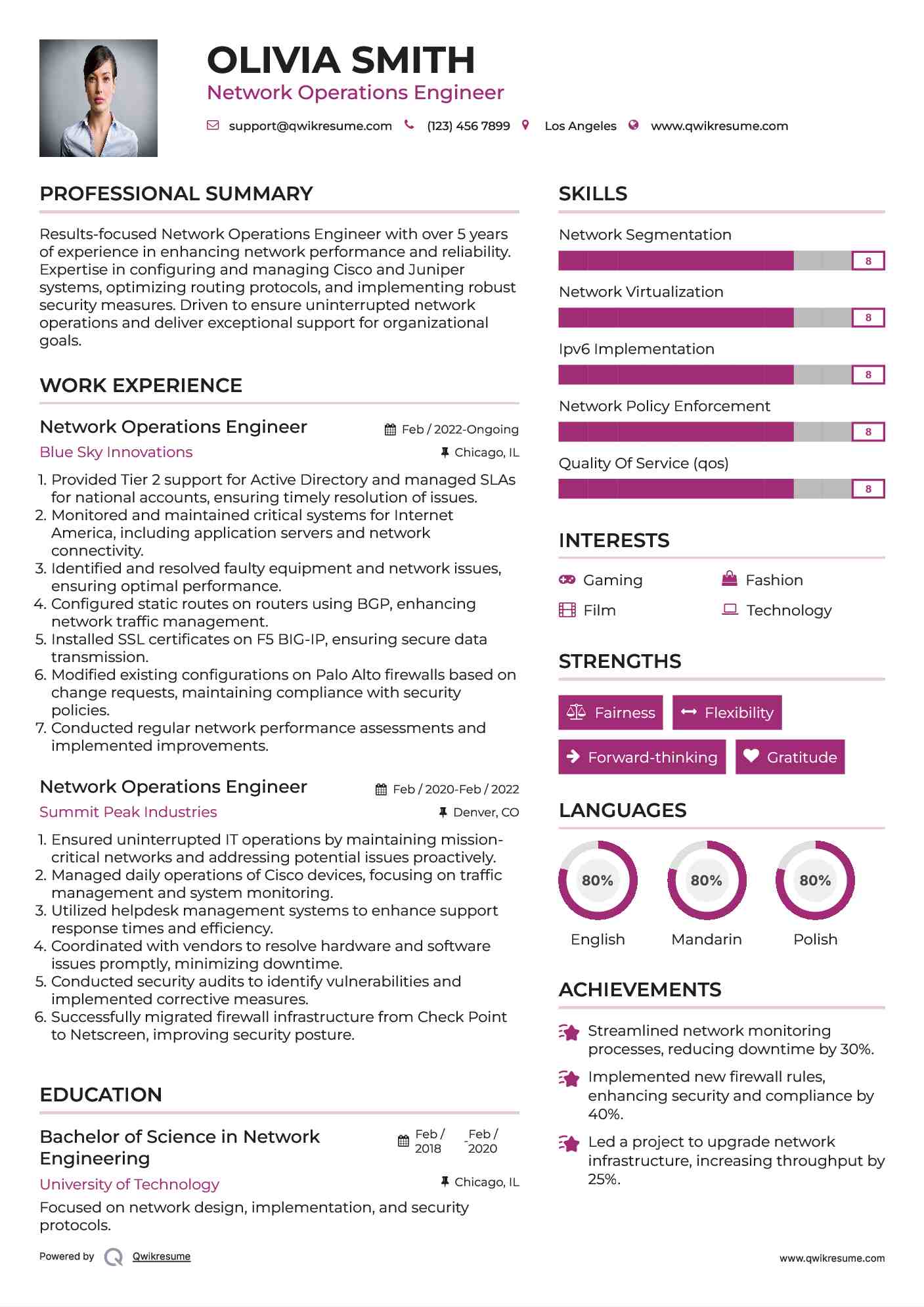 Network Operations Engineer Resume Example