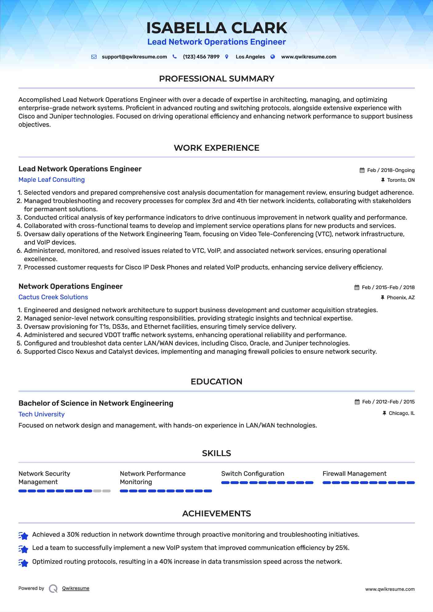 Lead Network Operations Engineer Resume Model