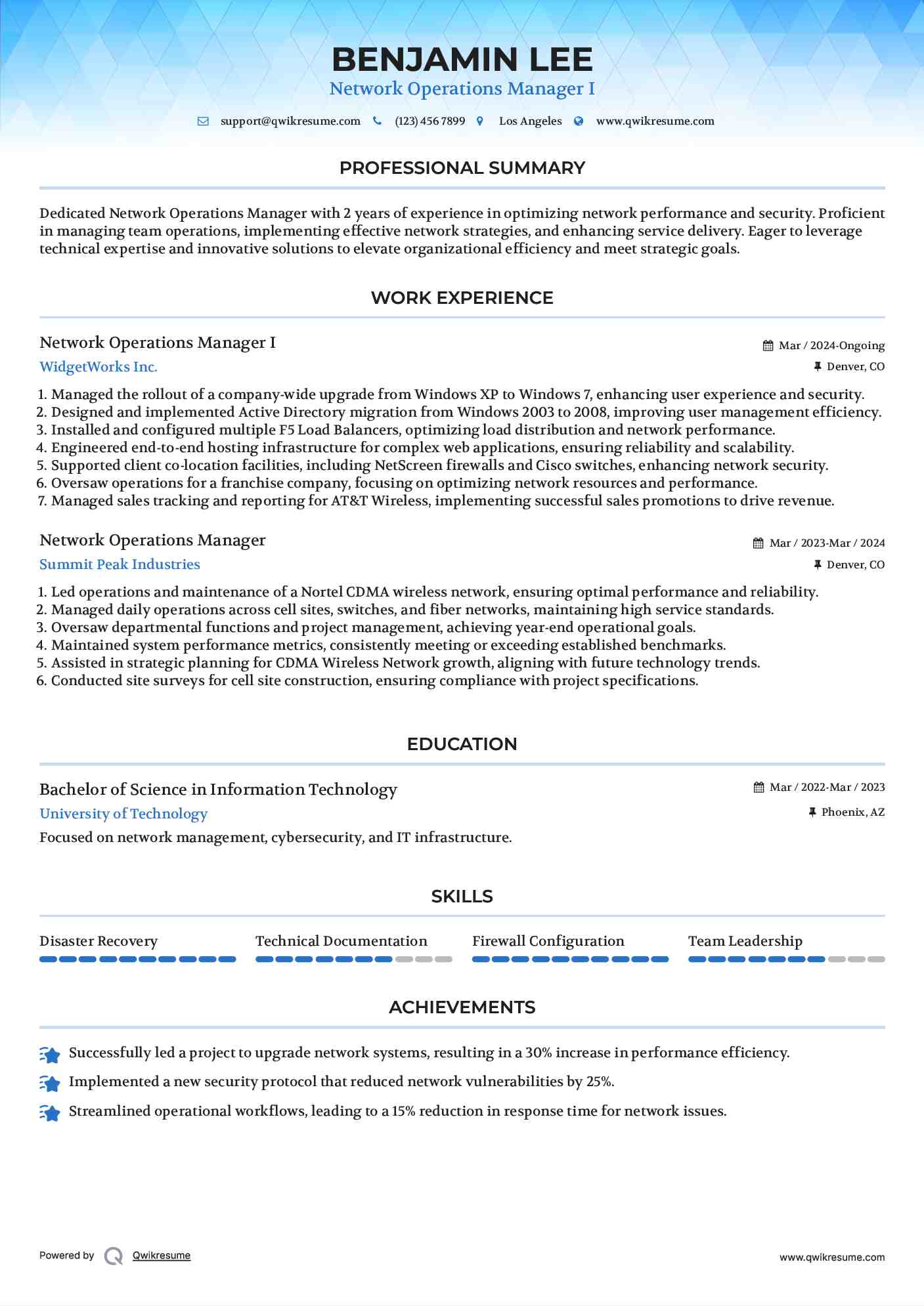 Network Operations Manager I Resume Model