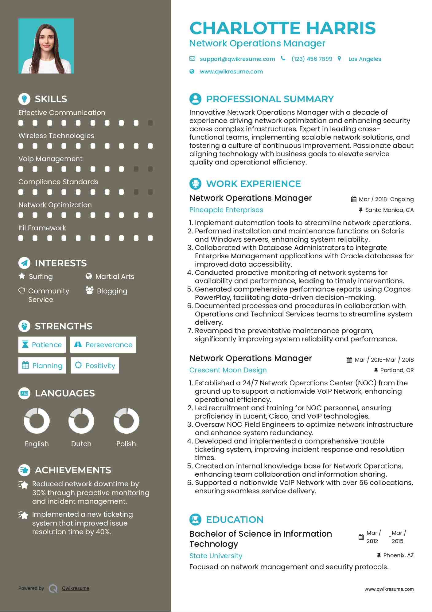 Network Operations Manager Resume Model