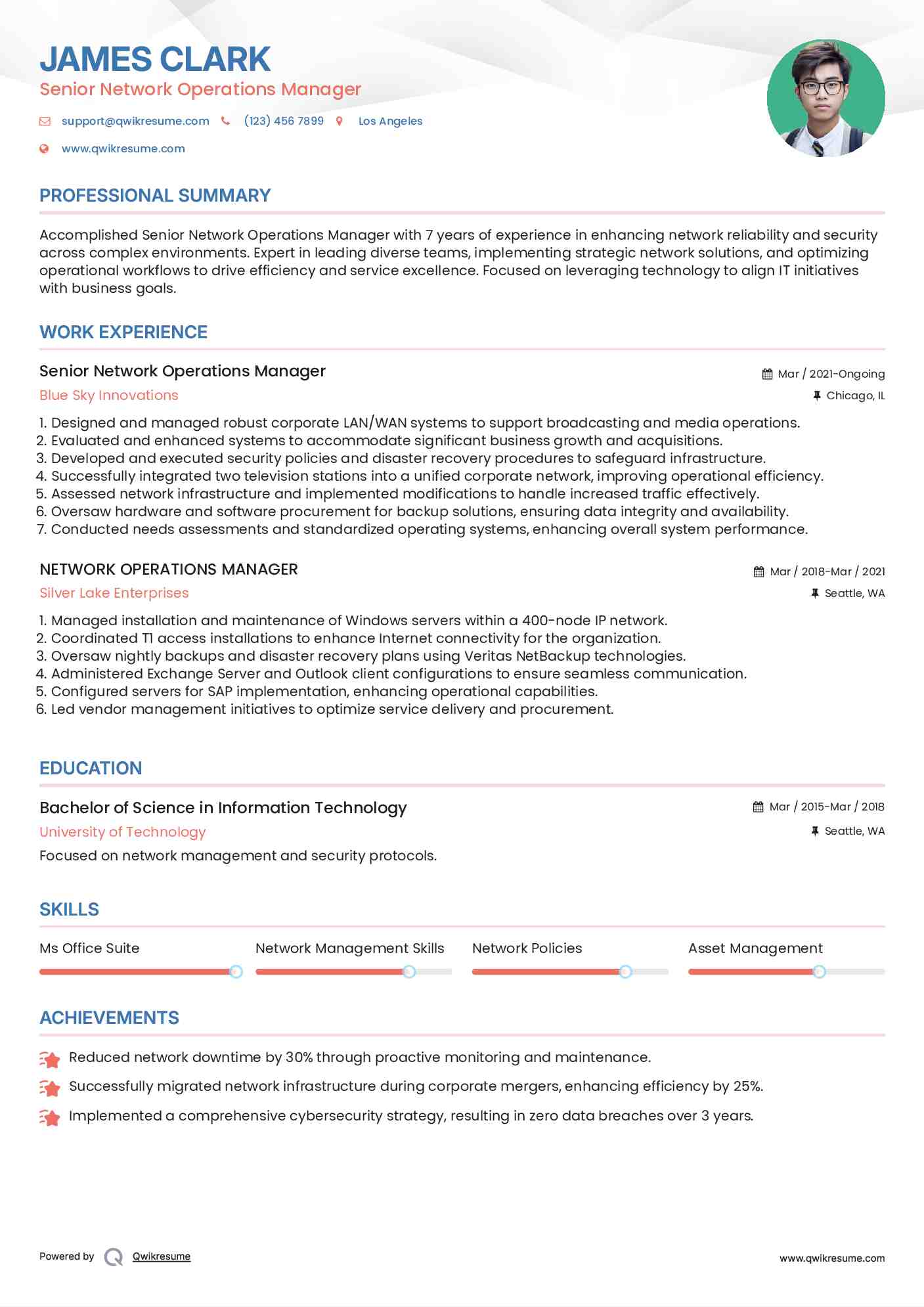 Senior Network Operations Manager  Resume Format