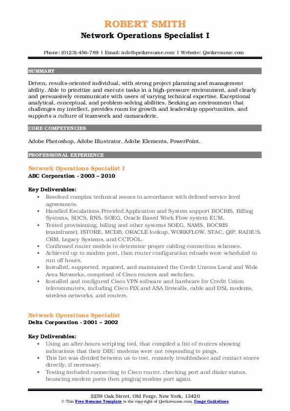 Network Operations Specialist Resume Samples QwikResume