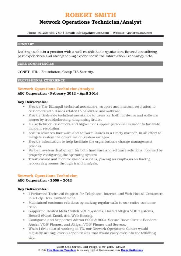 Network Operations Technician Resume Samples QwikResume