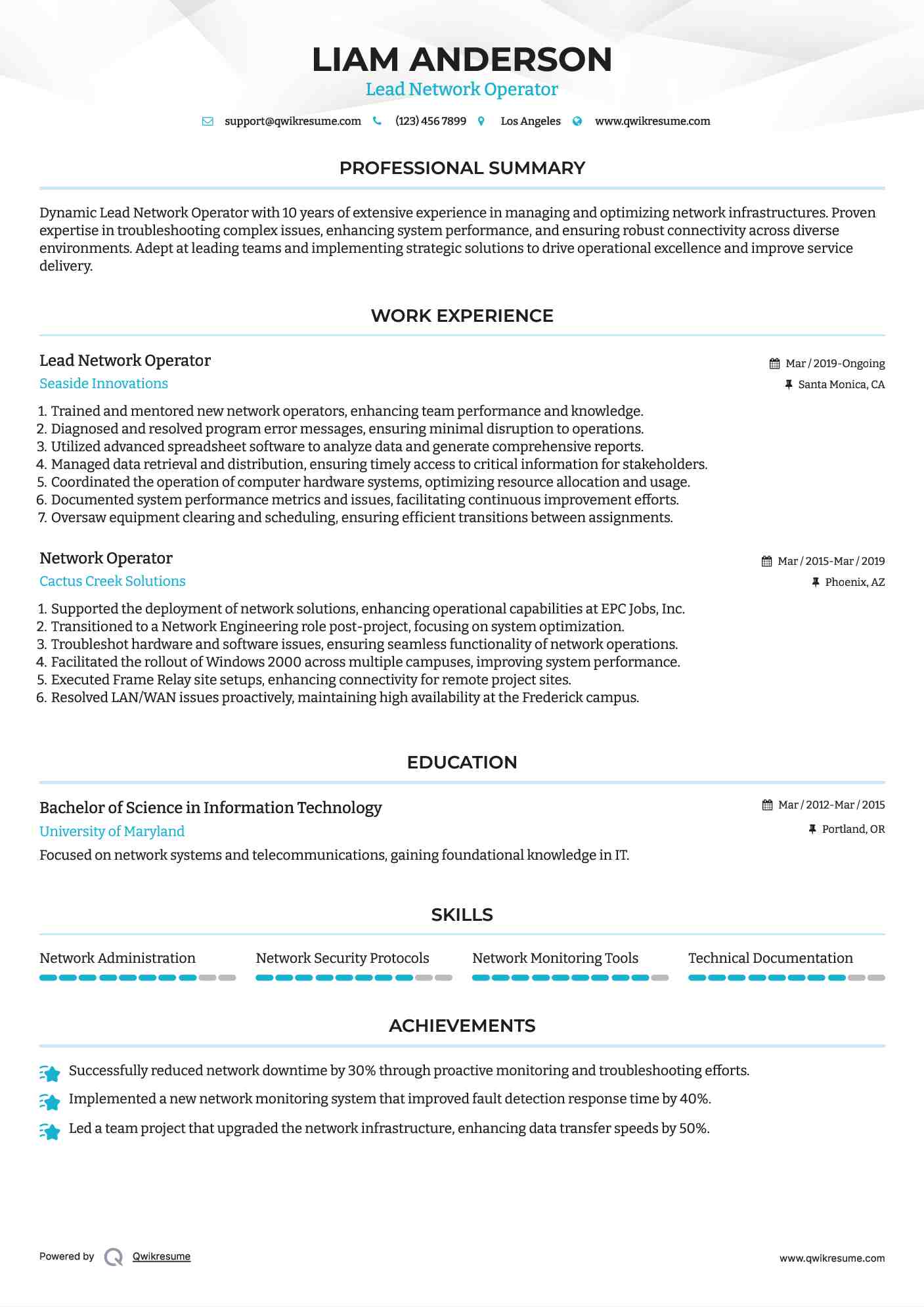 Lead Network Operator Resume Template