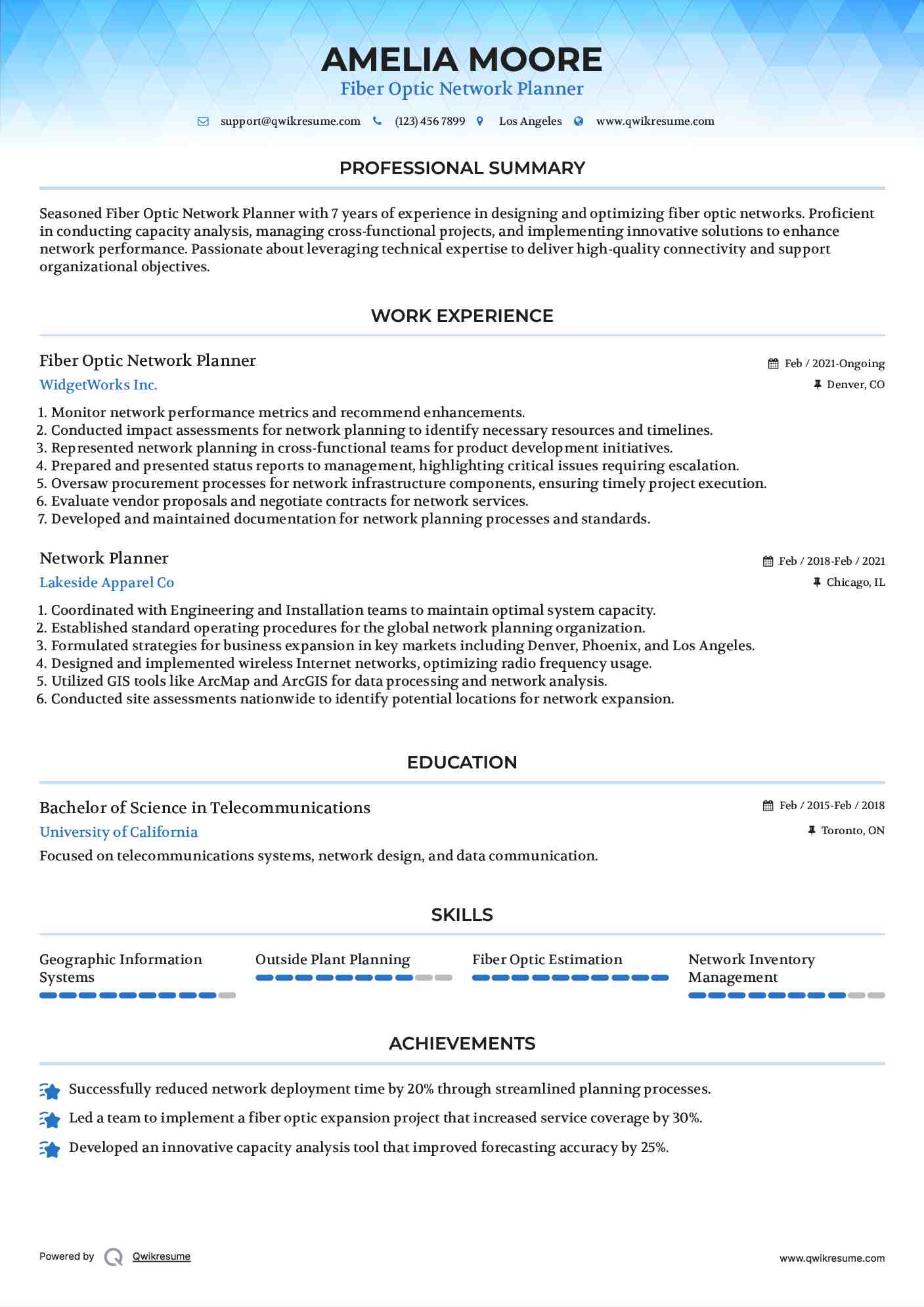 Fiber Optic Network Planner
 Resume Template