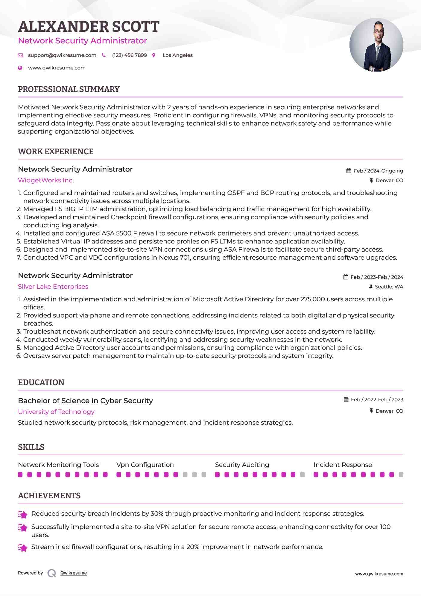 Network Security Administrator Resume Example