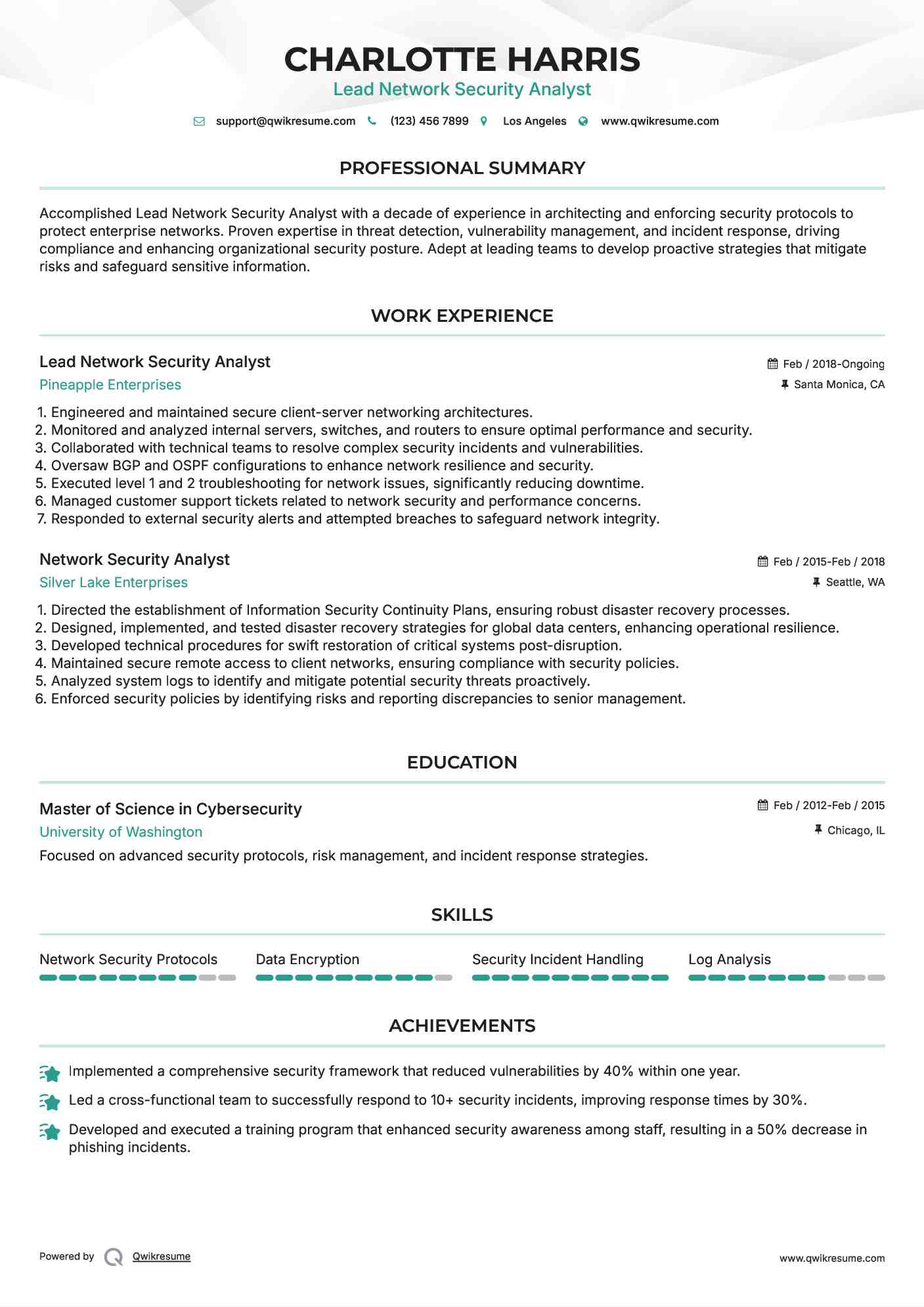 Lead Network Security Analyst Resume Template
