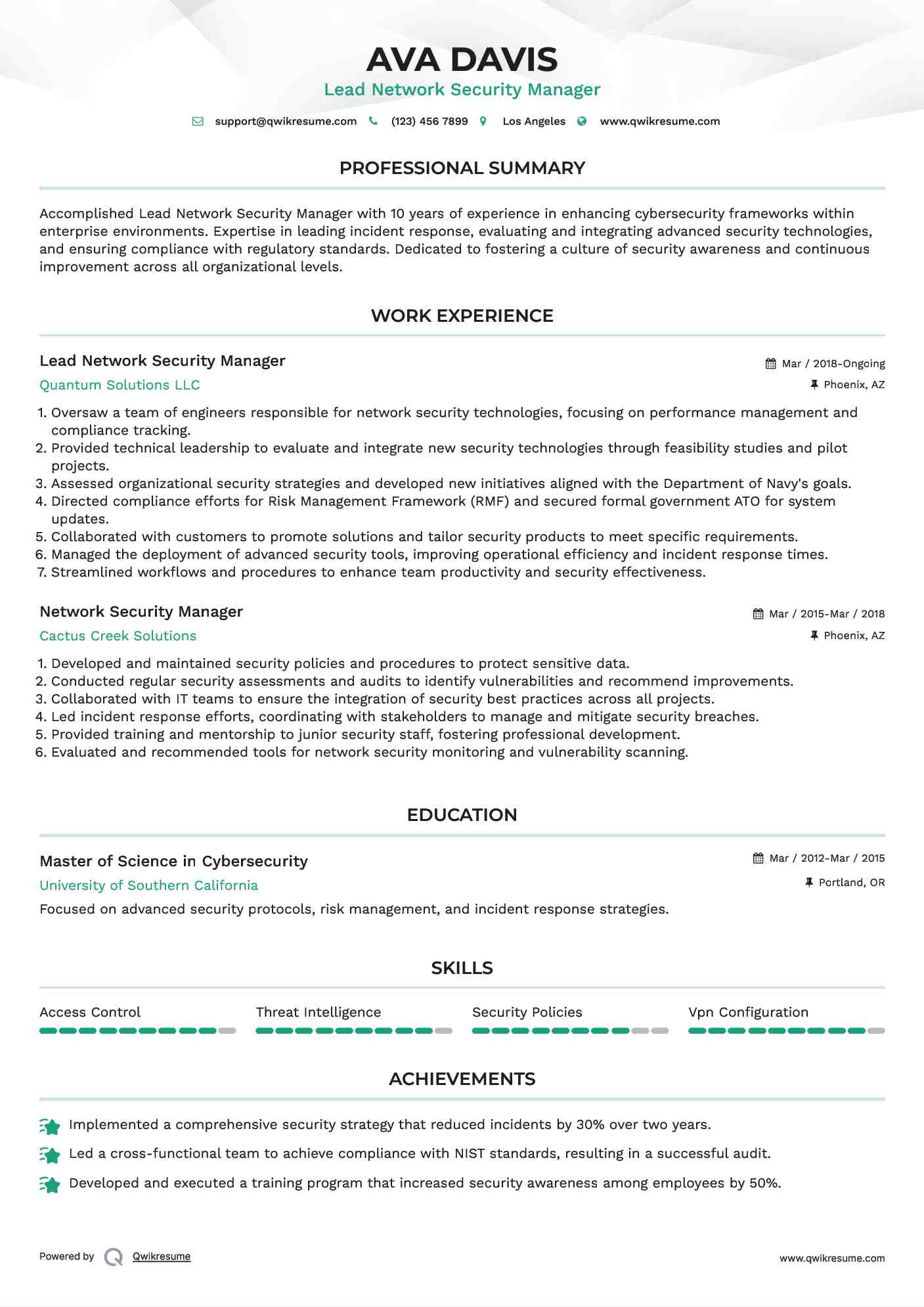 Lead Network Security Manager Resume Template