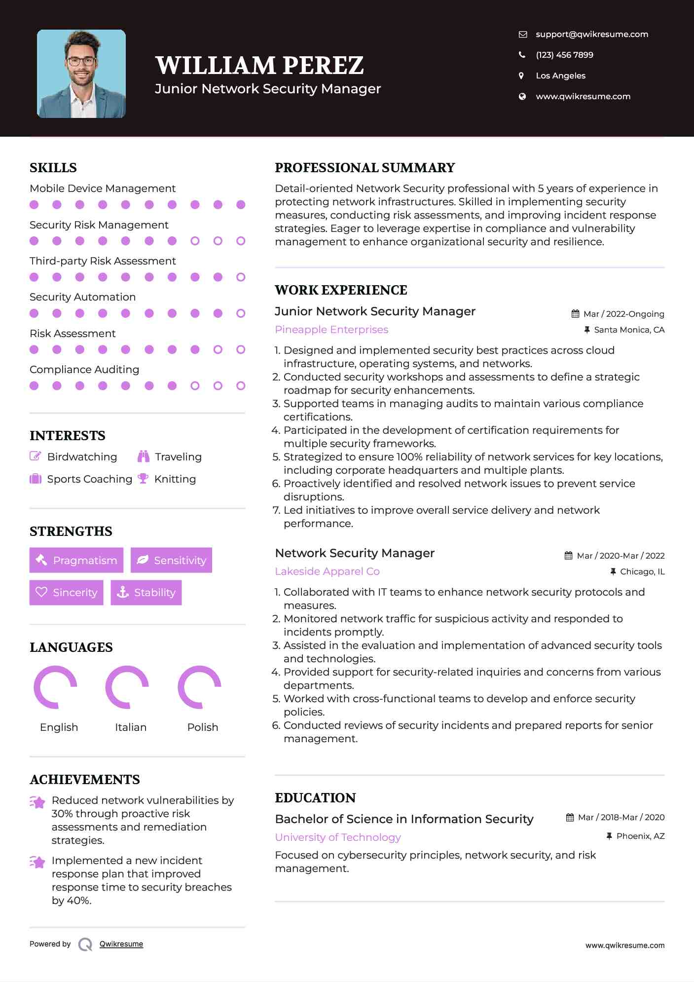Junior Network Security Manager Resume Template