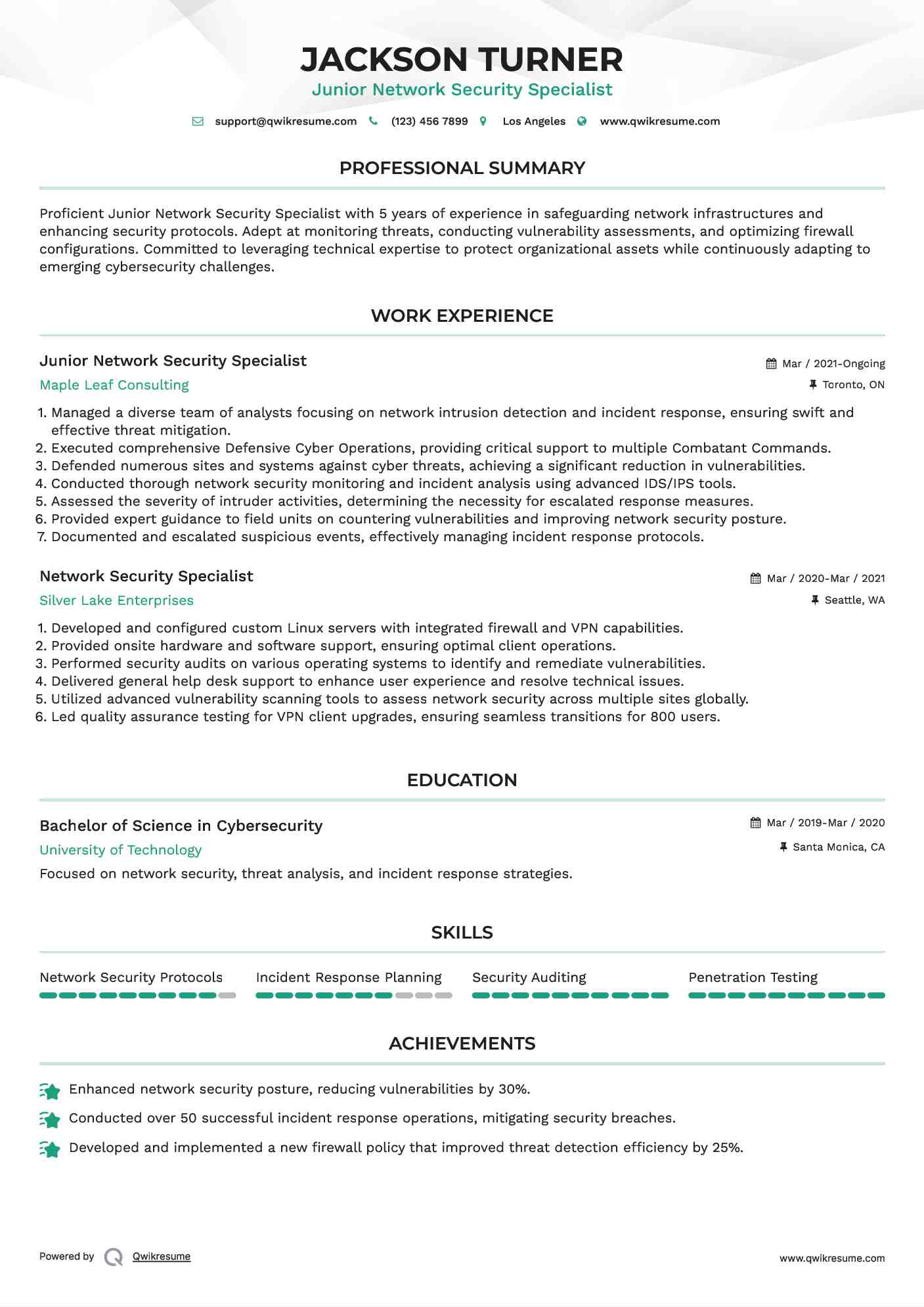 Junior Network Security Specialist Resume Template
