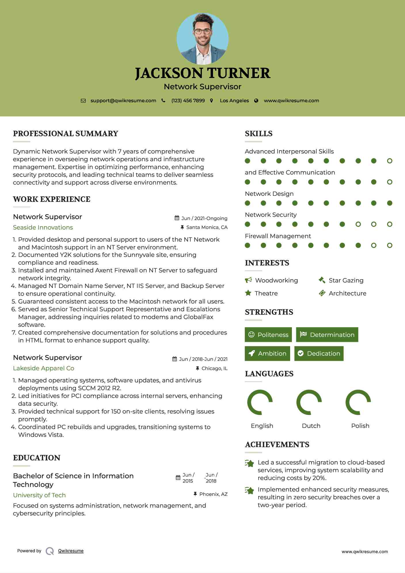 Network Supervisor Resume Sample