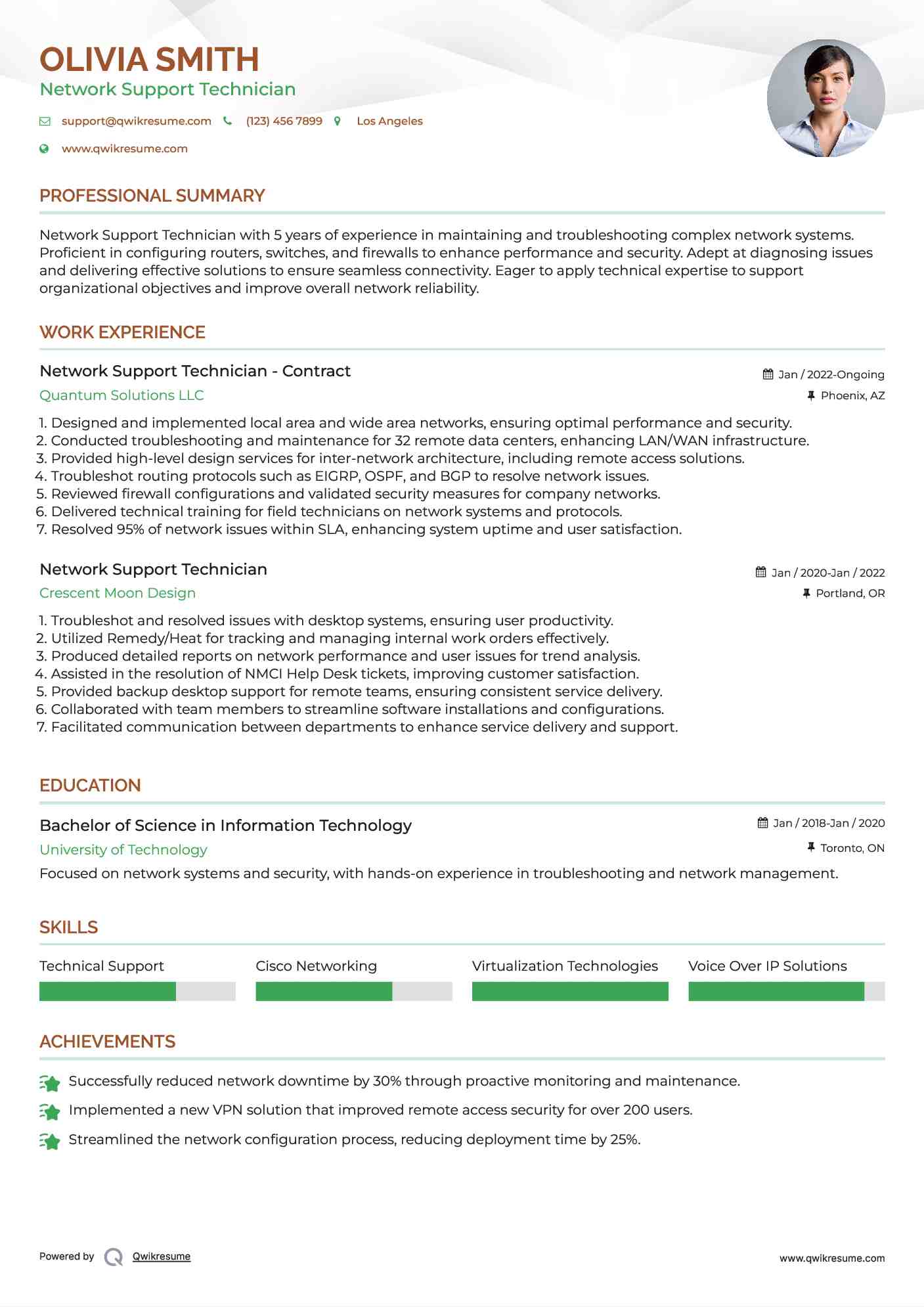 Network Support Technician - Contract Resume Sample