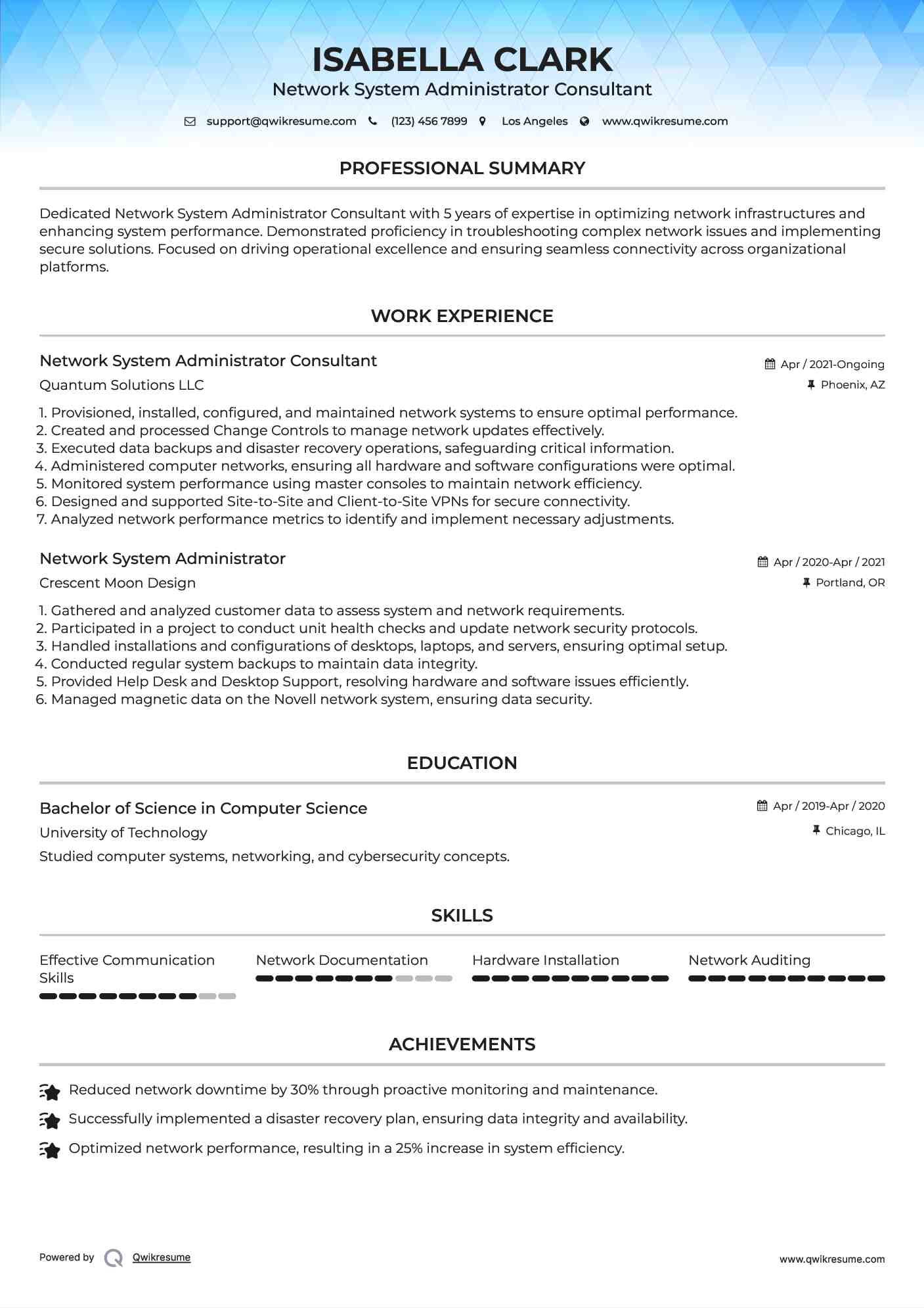 Network System Administrator Consultant Resume Template