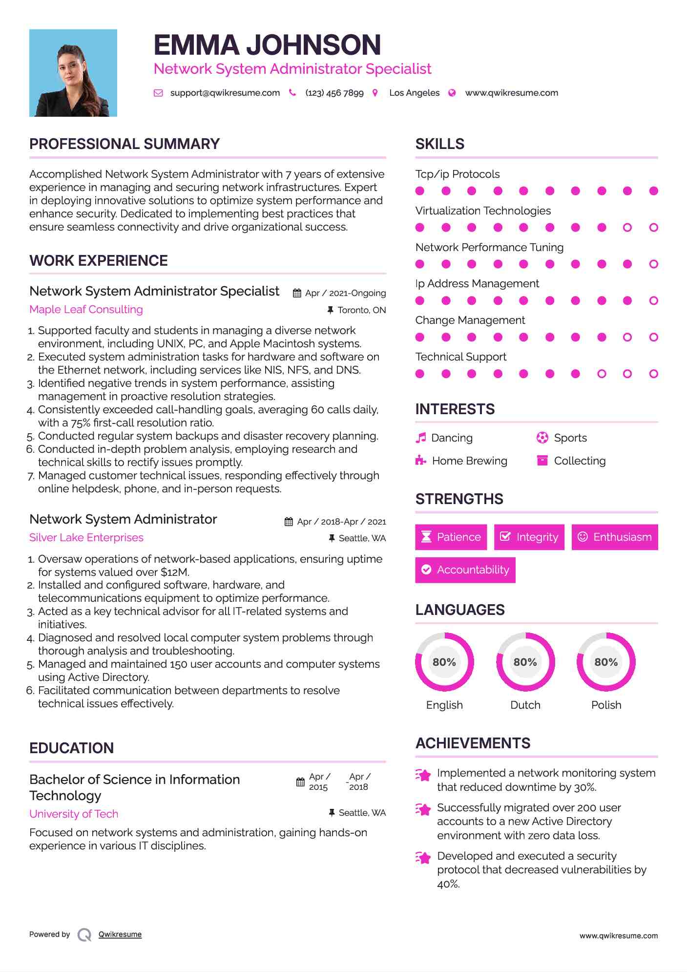 Network System Administrator Specialist Resume Template