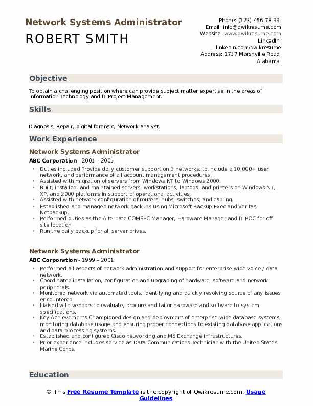 Network Systems Administrator Resume Samples QwikResume