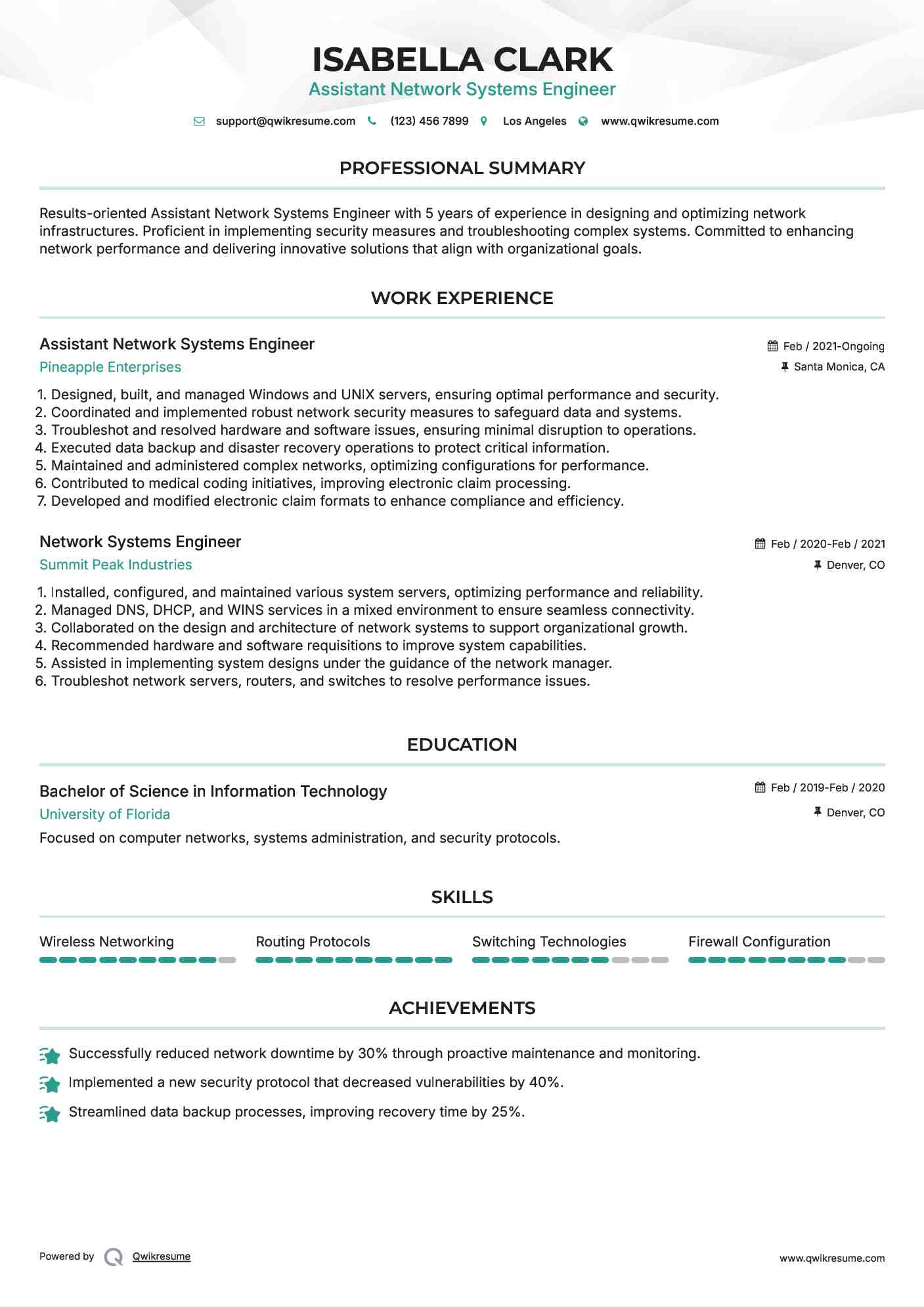 Assistant Network Systems Engineer Resume Model