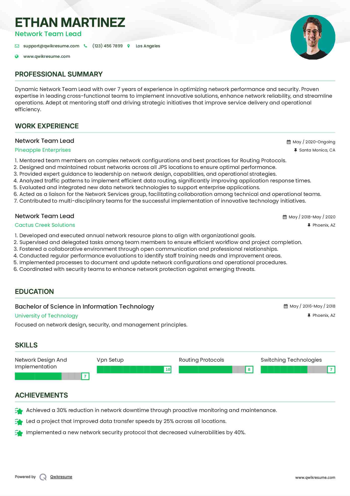 Network Team Lead Resume Example
