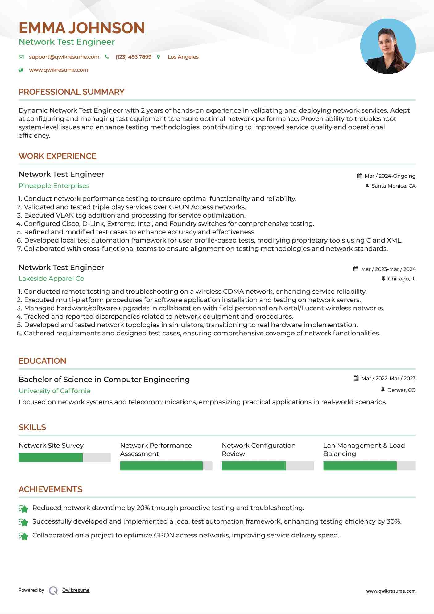 Network Test Engineer Resume Samples QwikResume