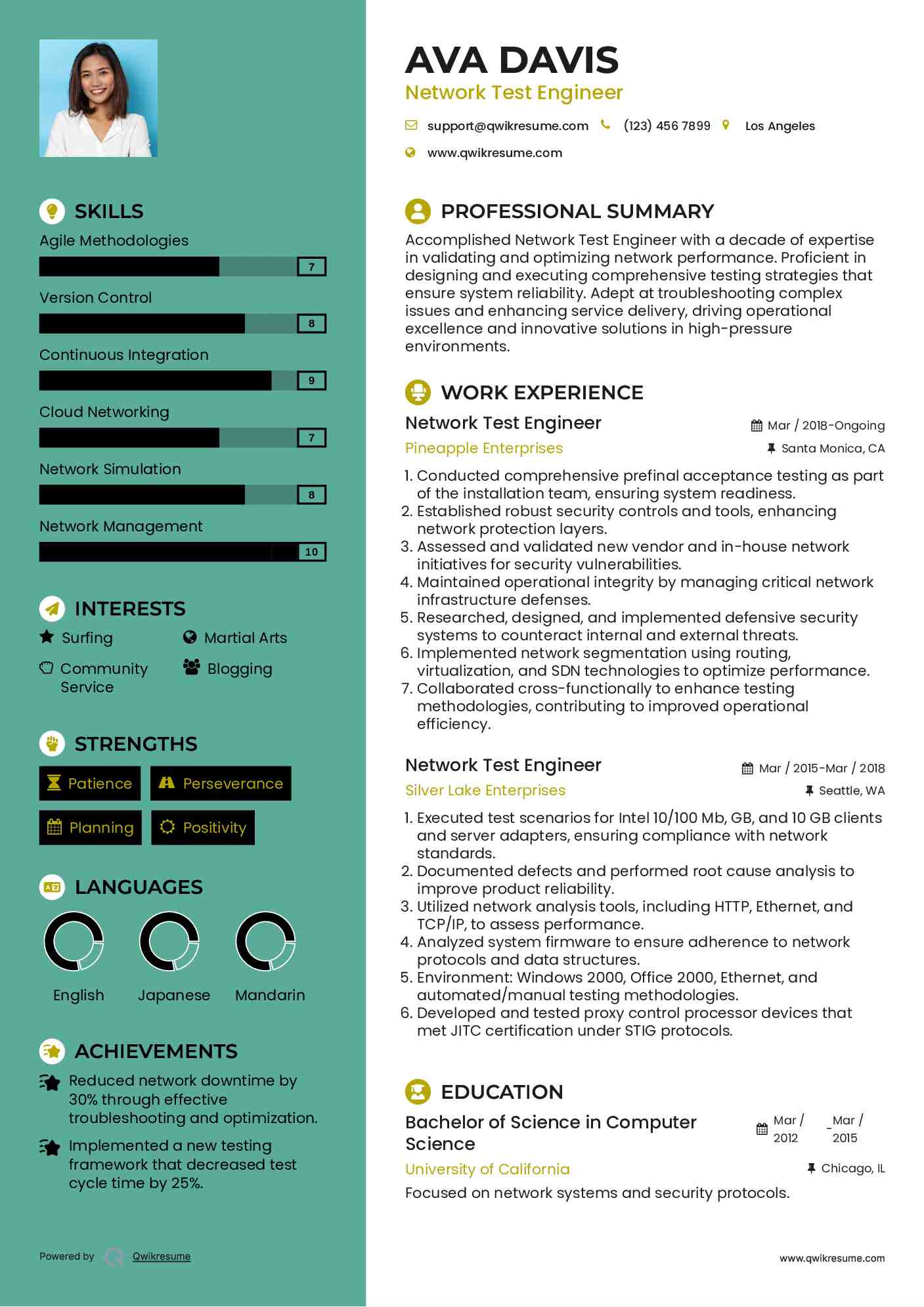Network Test Engineer Resume Model