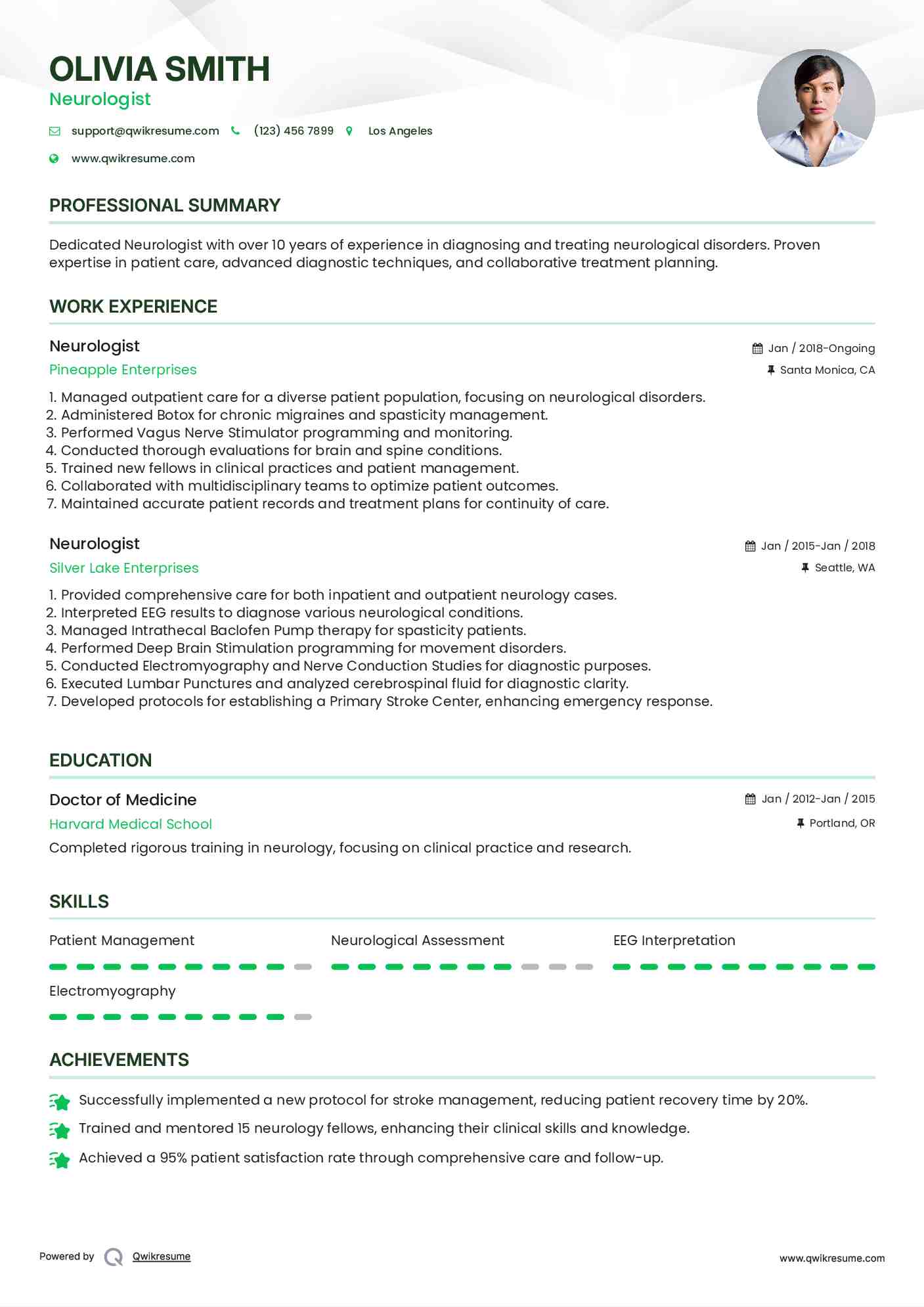 Neurologist Resume Example
