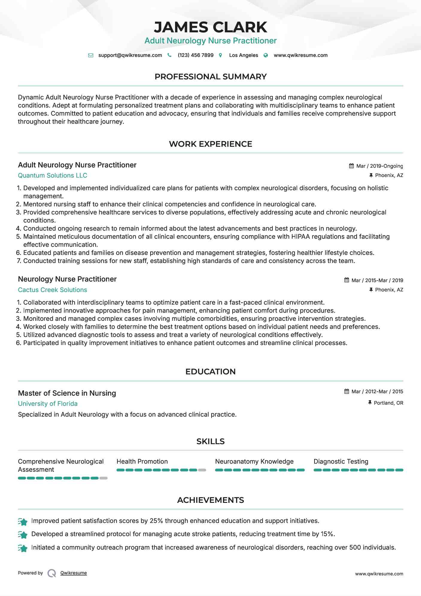 Adult Neurology Nurse Practitioner
 Resume Sample