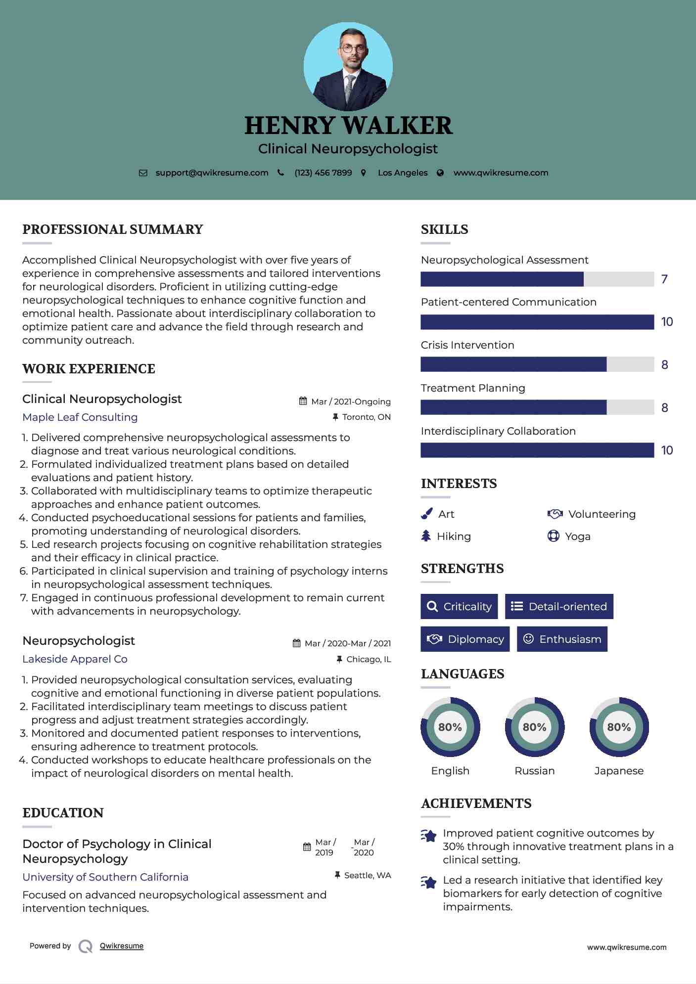 Clinical Neuropsychologist Resume Model