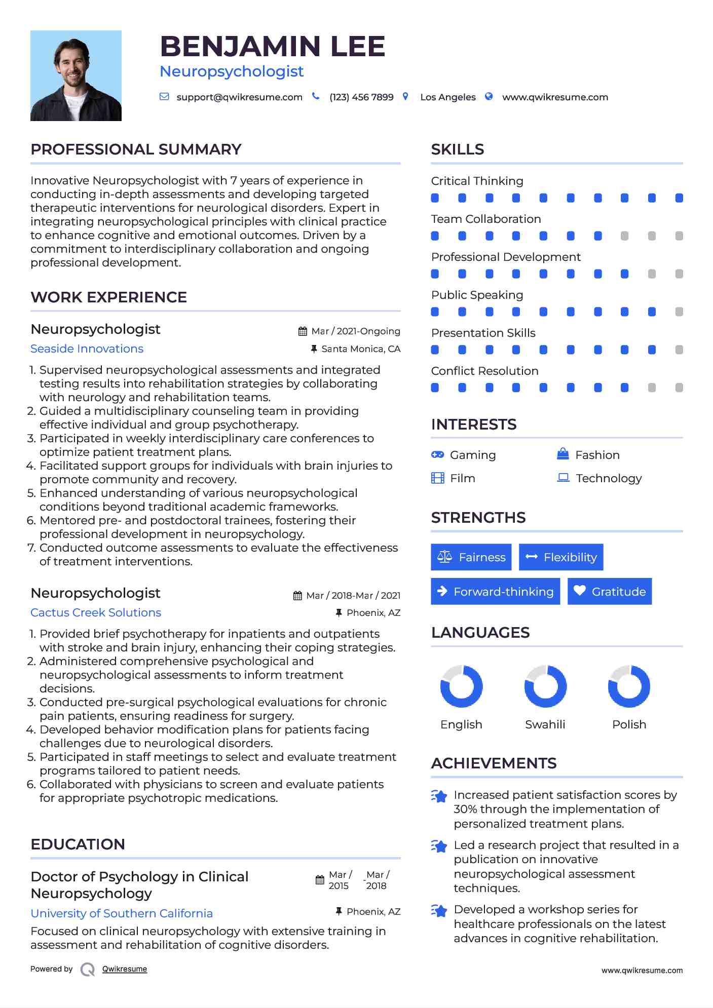 Neuropsychologist Resume Sample