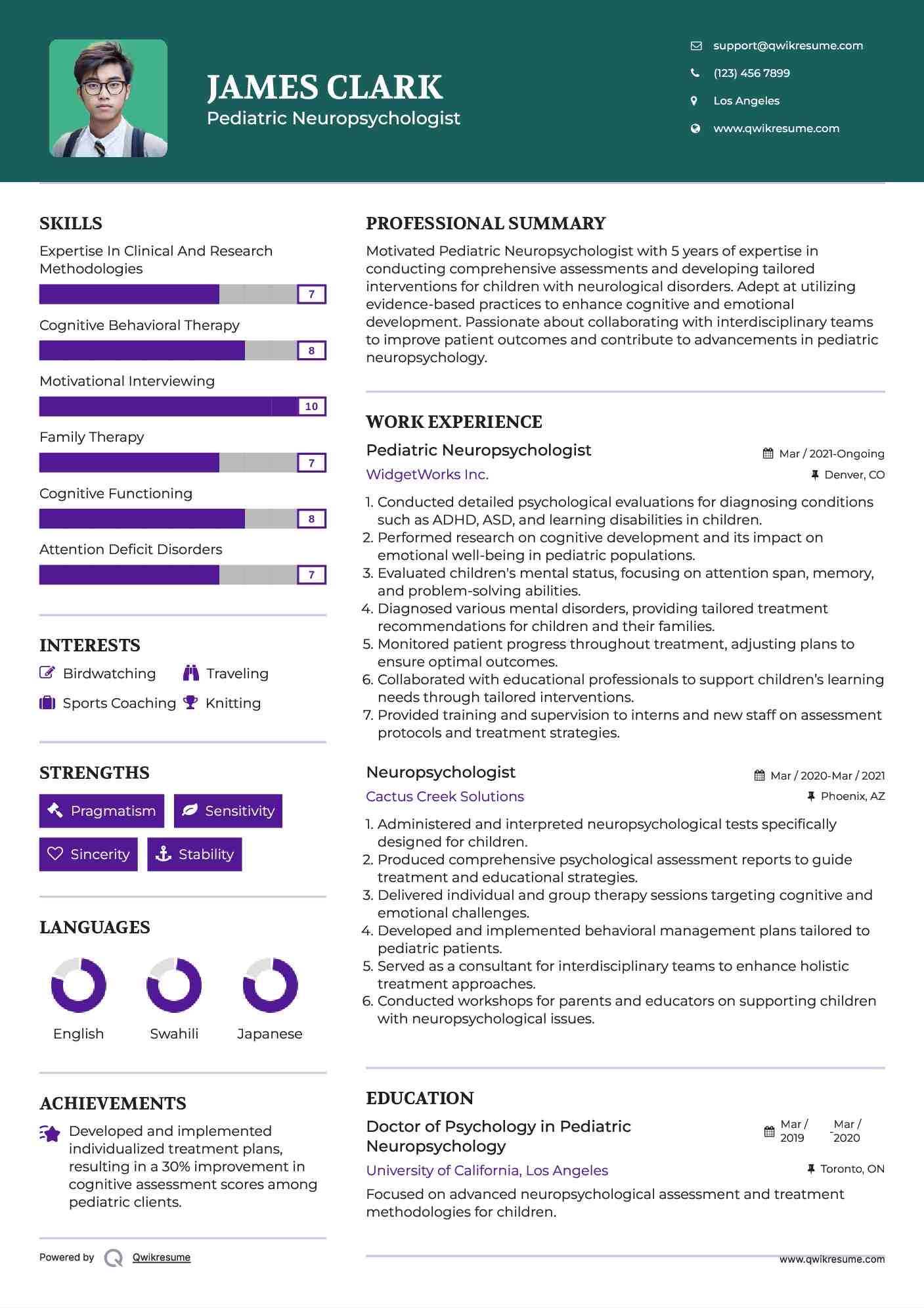 Pediatric Neuropsychologist Resume Sample